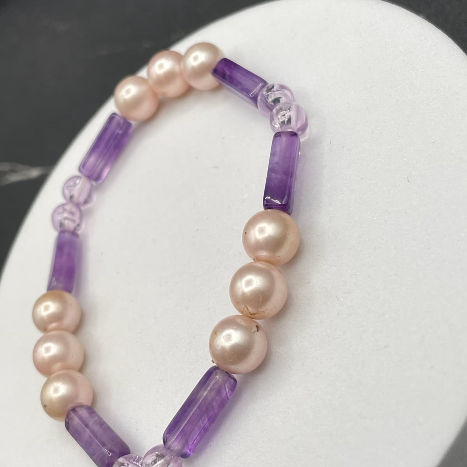 Vintage Purple Plastci Peal Glass Beads Pink & Amethyst-Toned Classic Stretch - Thumbnail 5