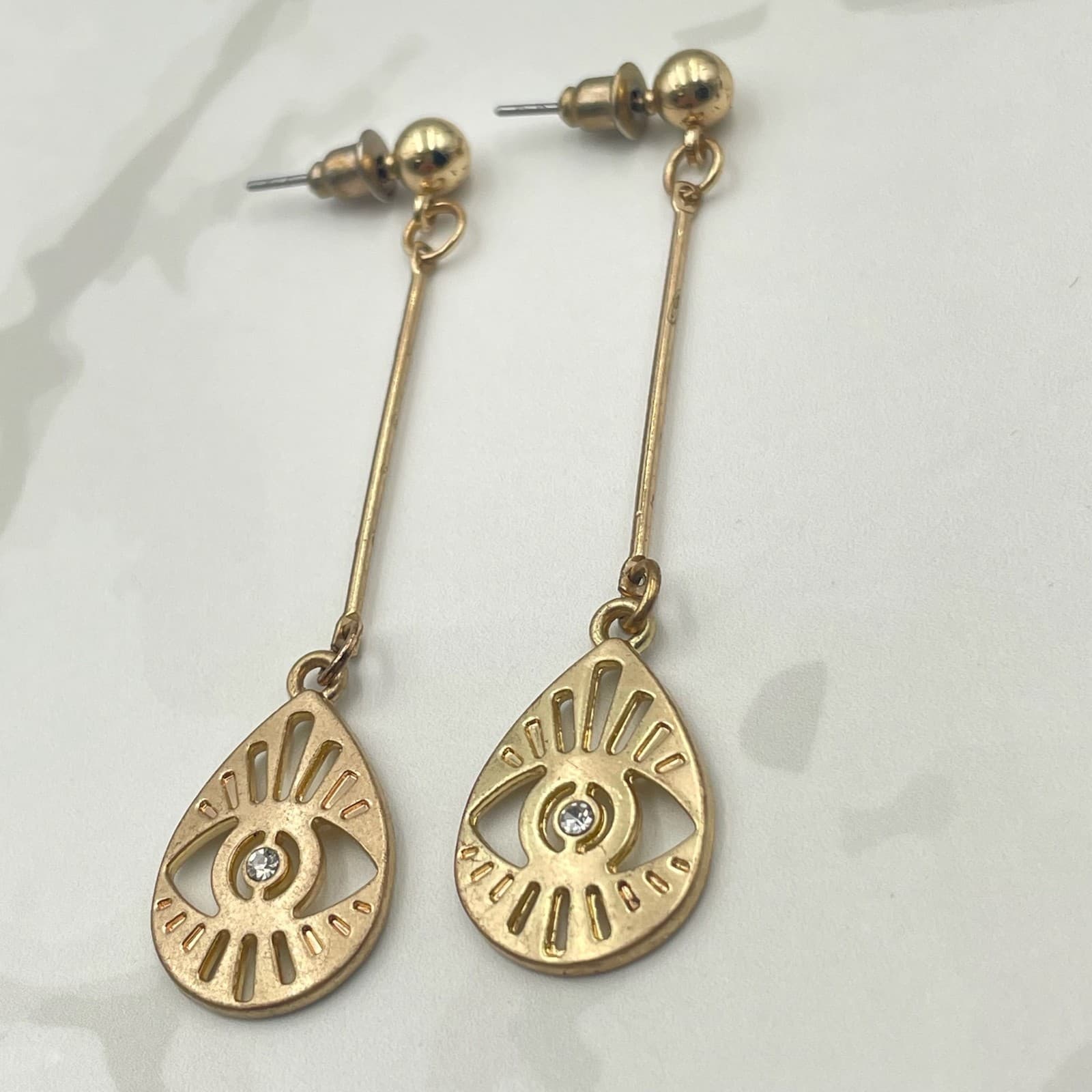 Vintage VTG Gold Tone Dangle Earrings Clear Stone Evil Eye Teardrop Stud Modern - Thumbnail 3