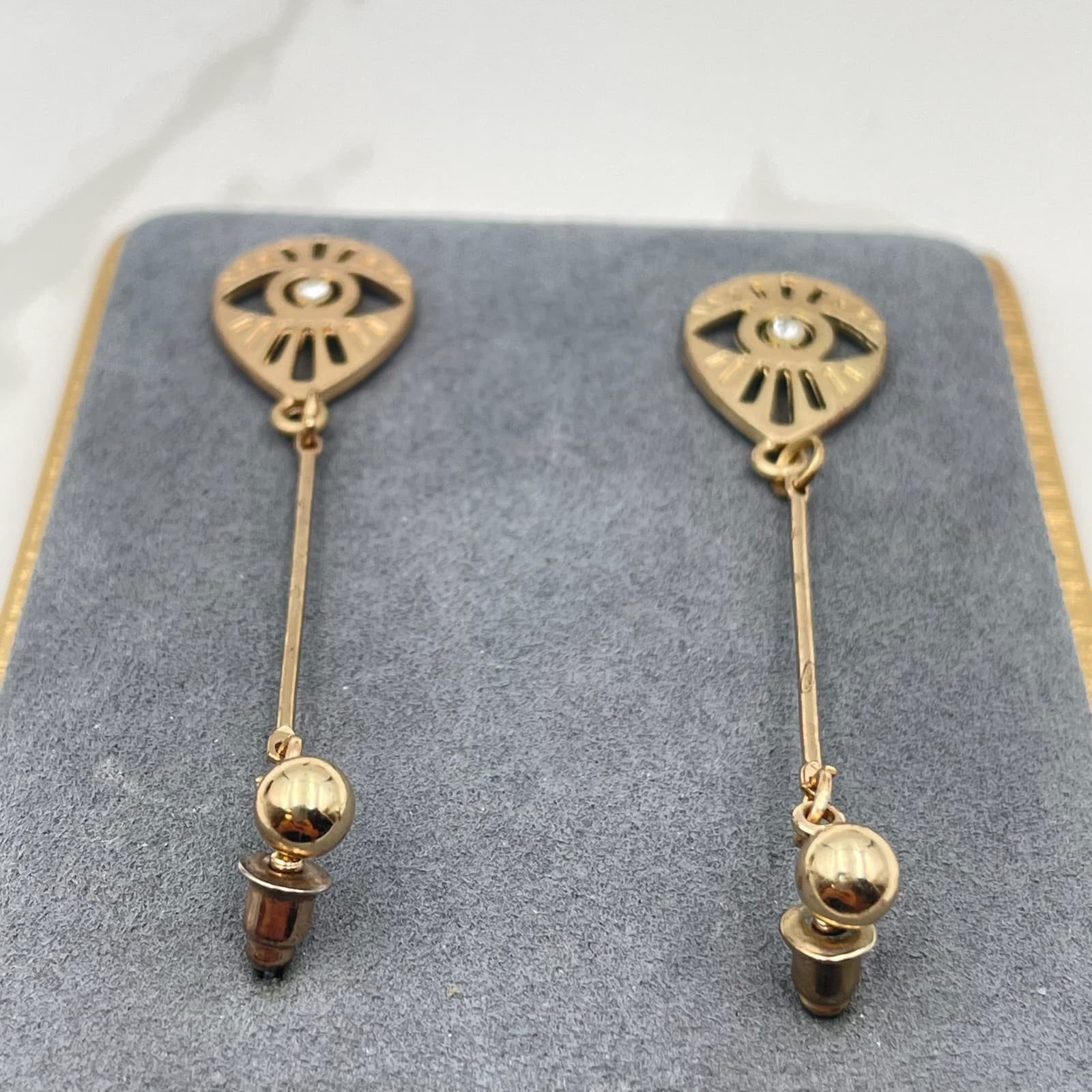 Vintage VTG Gold Tone Dangle Earrings Clear Stone Evil Eye Teardrop Stud Modern - Thumbnail 9