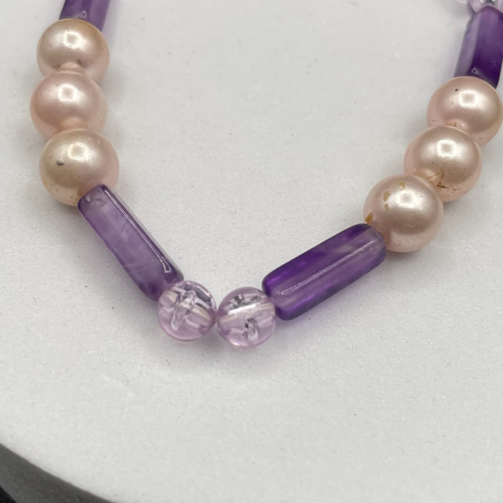 Vintage Purple Plastci Peal Glass Beads Pink & Amethyst-Toned Classic Stretch - Thumbnail 4