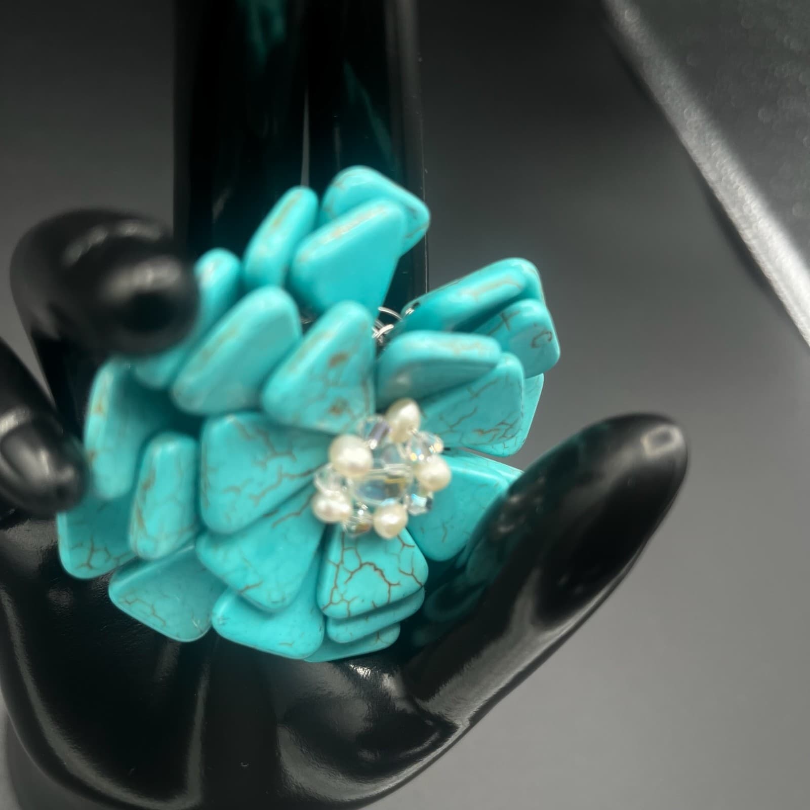 Vintage AeraVida Style Turquoise & Pearl Flower Brooch Pin Exotic Chic - Thumbnail 2