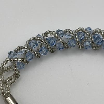 Vintage Baby Blue Crystal Glass Bead Silver Tone Bracelet - Thumbnail 5