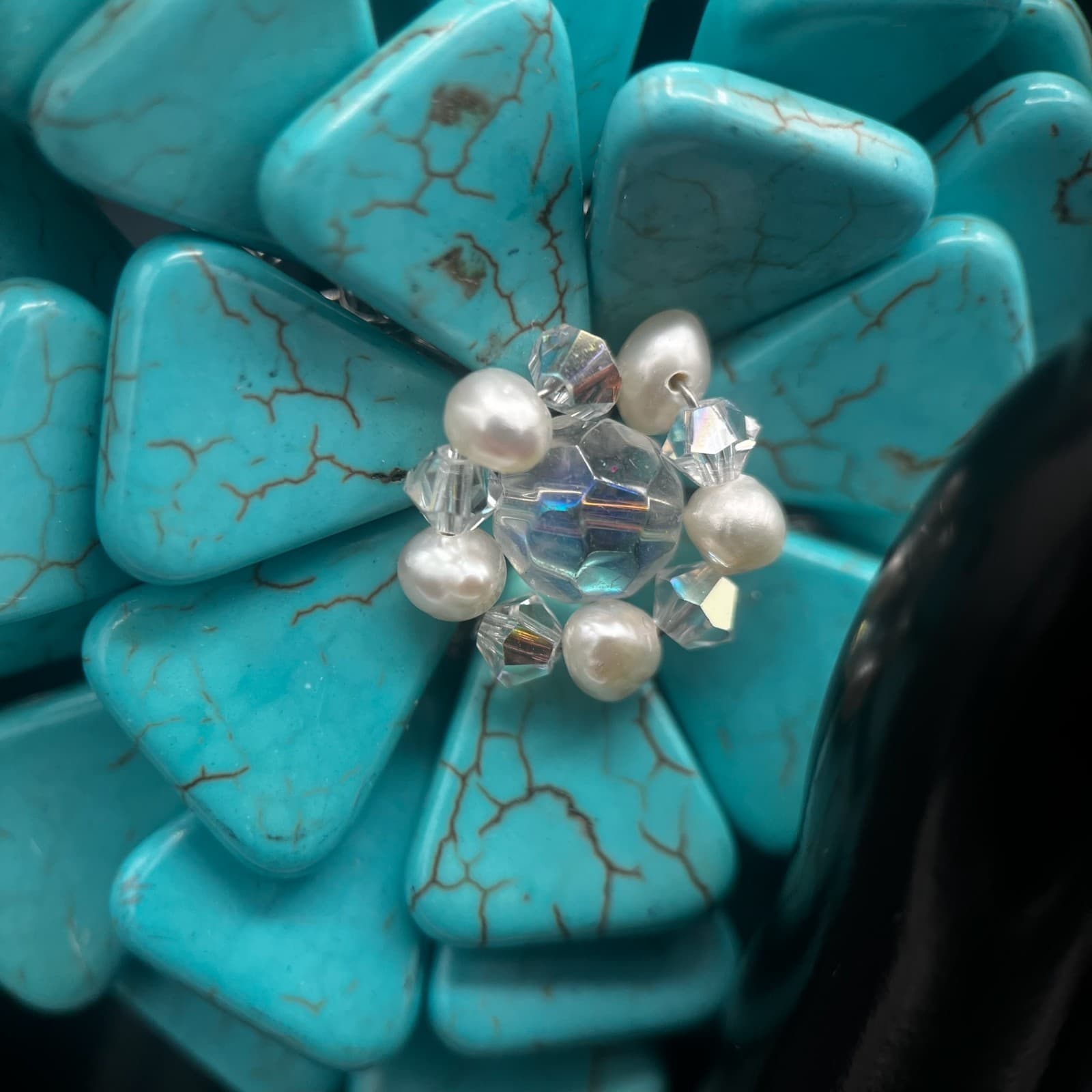 Vintage AeraVida Style Turquoise & Pearl Flower Brooch Pin Exotic Chic - Thumbnail 4