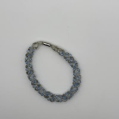 Vintage Baby Blue Crystal Glass Bead Silver Tone Bracelet - Thumbnail 4
