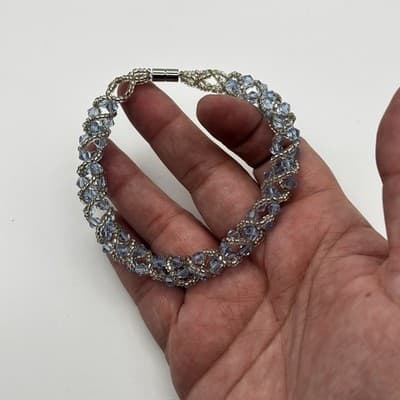 Vintage Baby Blue Crystal Glass Bead Silver Tone Bracelet - Thumbnail 2