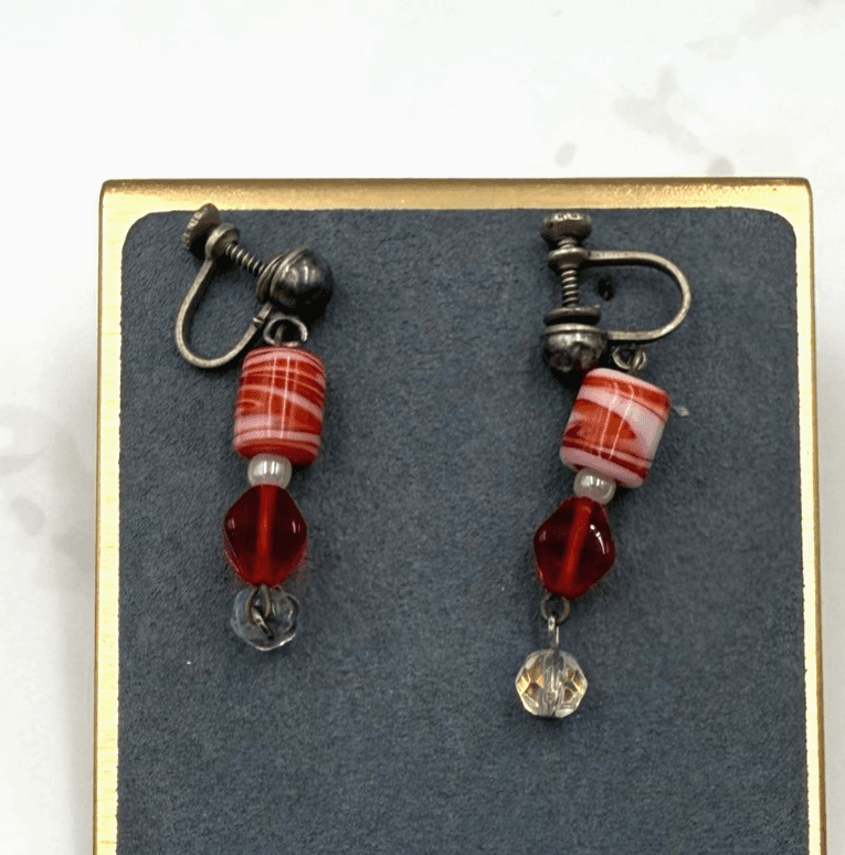 Vintage Red White Striped Blown Glass Clear Crystal Beaded Dangle Earrings - Image 1