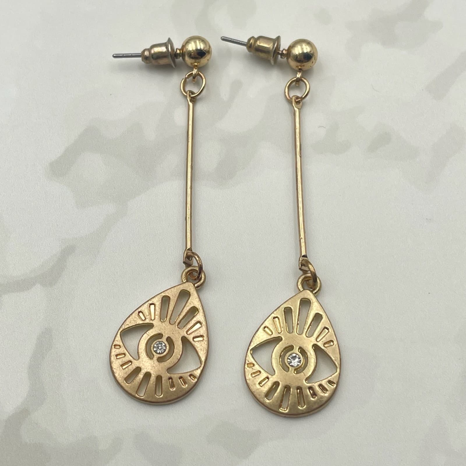 Vintage VTG Gold Tone Dangle Earrings Clear Stone Evil Eye Teardrop Stud Modern - Thumbnail 10