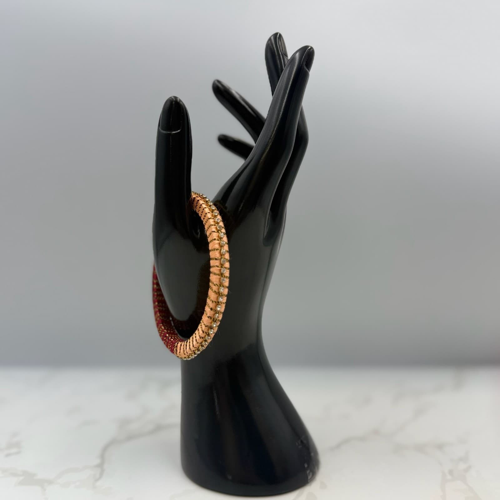 Vintage VTG Handcrafted Women’s Maroon Peach Rhinestones Thread Wrapped Bangle - Image 1