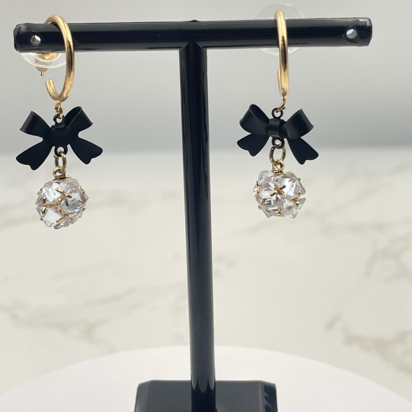 Vintage VTG Gold Tone Hoop Earrings Black Bow Clear CZ Crystal Ball Dangle Glam - Thumbnail 6