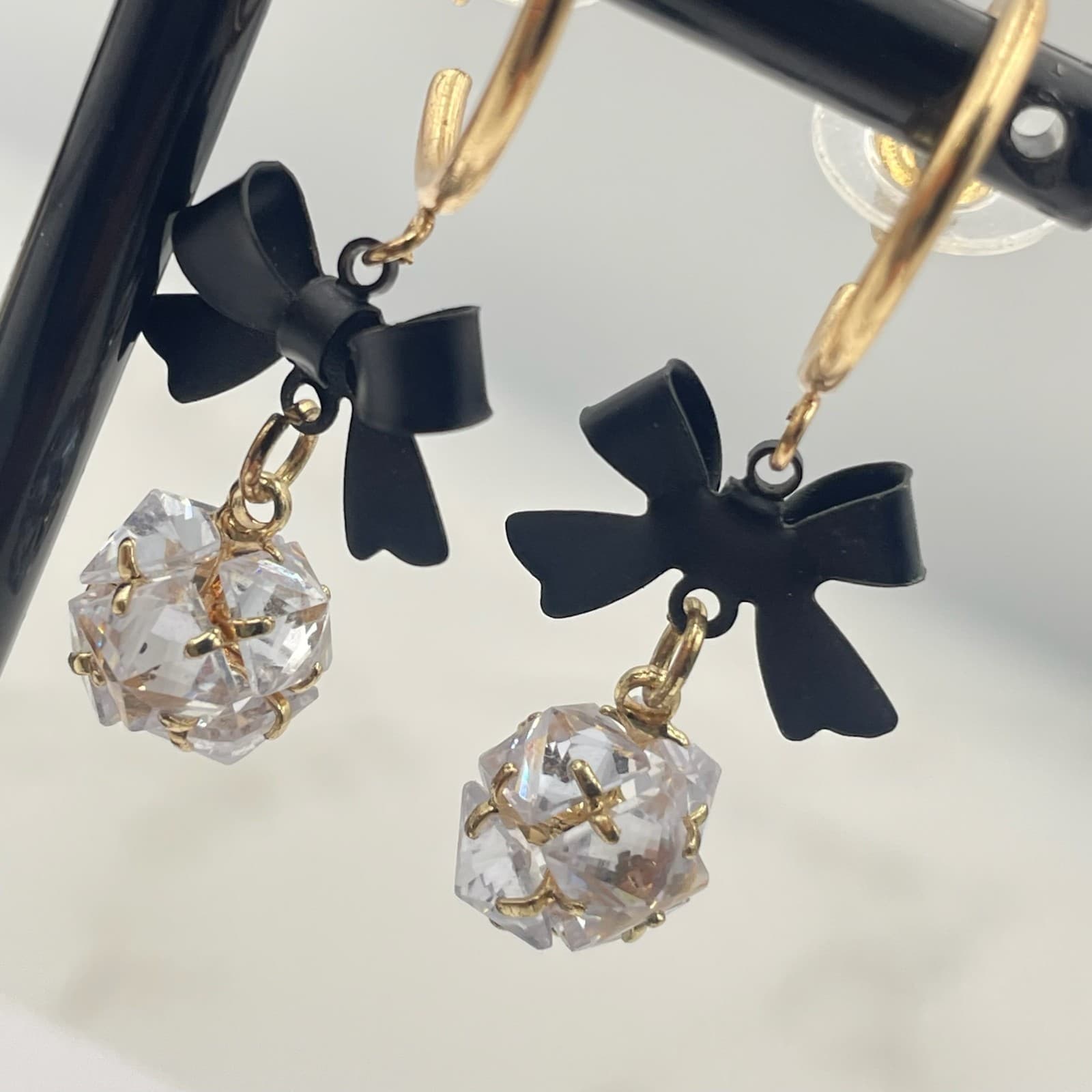 Vintage VTG Gold Tone Hoop Earrings Black Bow Clear CZ Crystal Ball Dangle Glam - Thumbnail 8