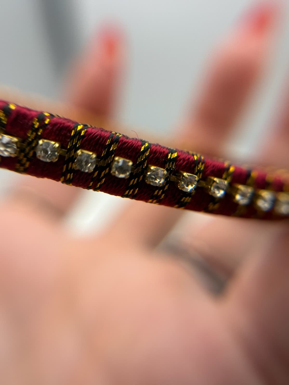 Vintage VTG Handcrafted Women’s Maroon Peach Rhinestones Thread Wrapped Bangle - Thumbnail 3