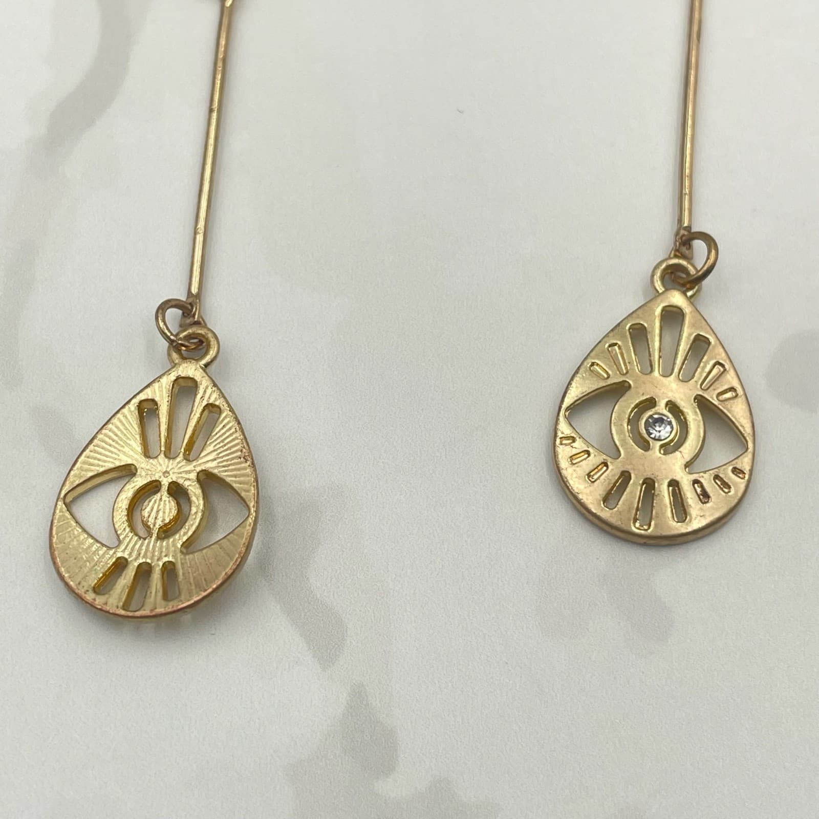 Vintage VTG Gold Tone Dangle Earrings Clear Stone Evil Eye Teardrop Stud Modern - Thumbnail 13