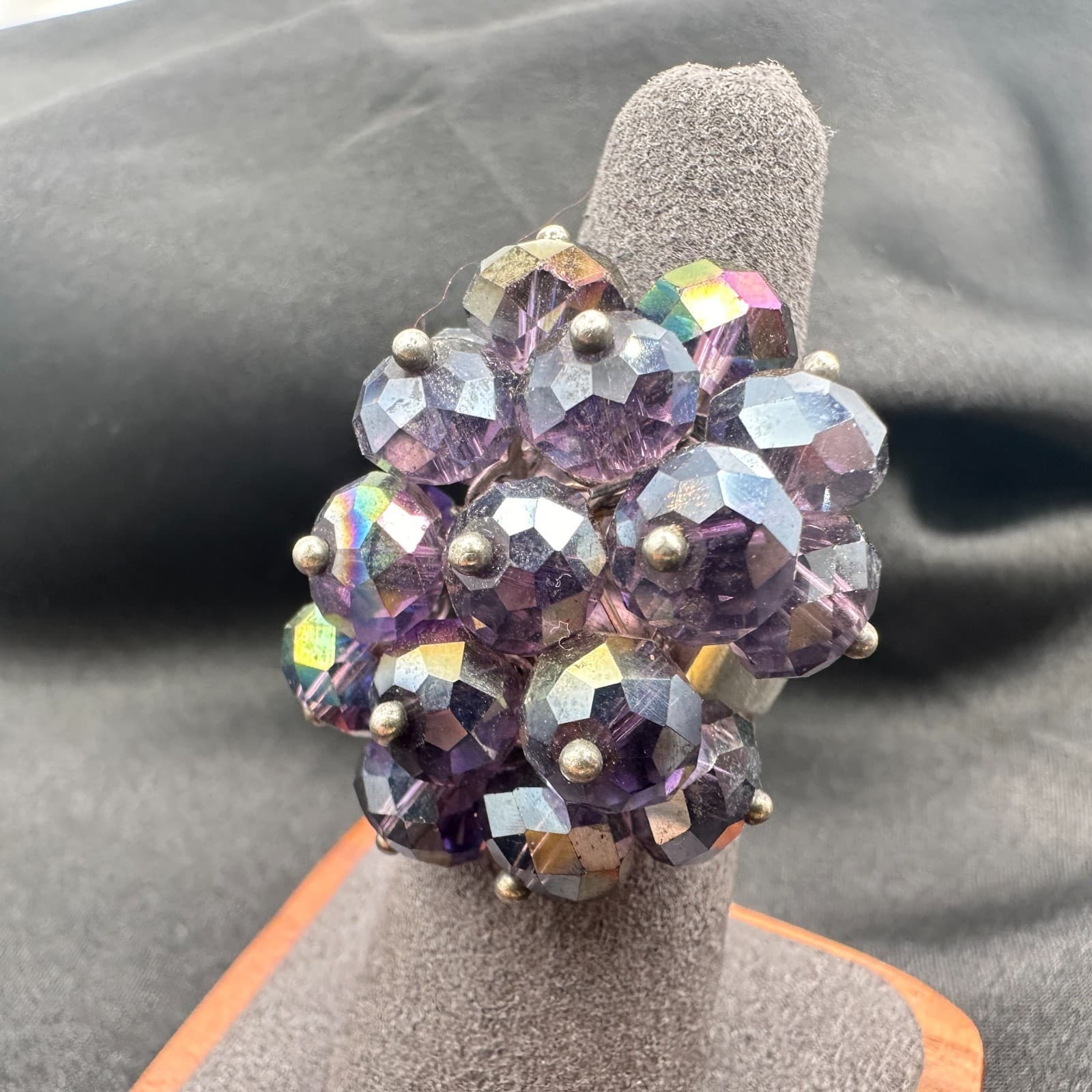 Vintage Y2K Silver Tone Smoky Purple Iridescent Beaded Ring Women's Jewelry - Thumbnail 5