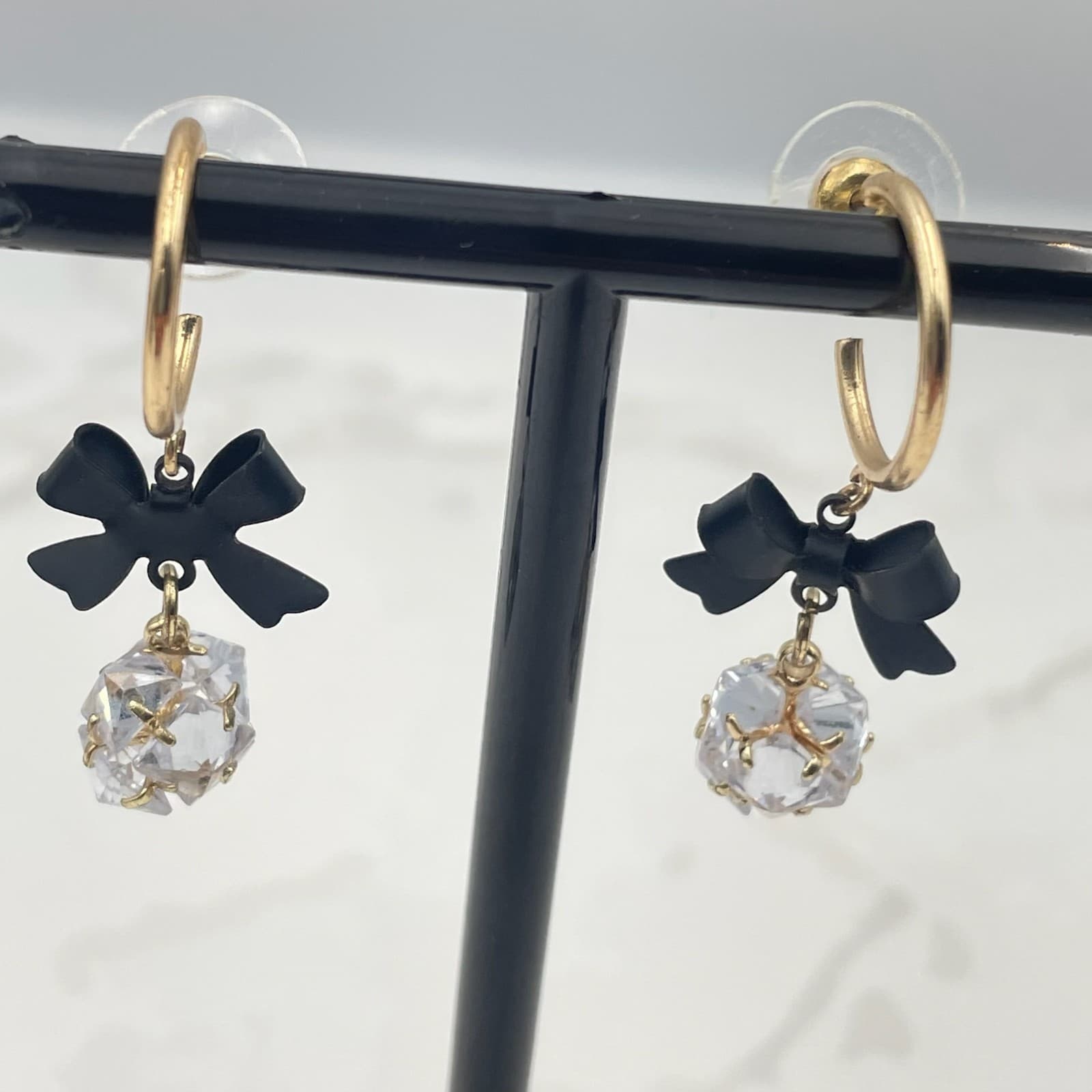 Vintage VTG Gold Tone Hoop Earrings Black Bow Clear CZ Crystal Ball Dangle Glam - Thumbnail 4