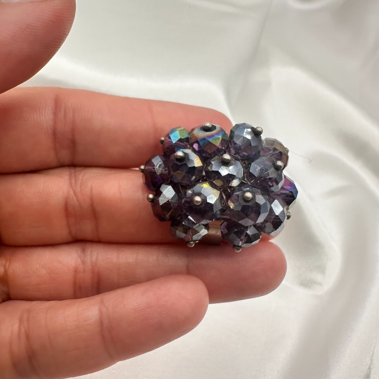 Vintage Y2K Silver Tone Smoky Purple Iridescent Beaded Ring Women's Jewelry - Thumbnail 8