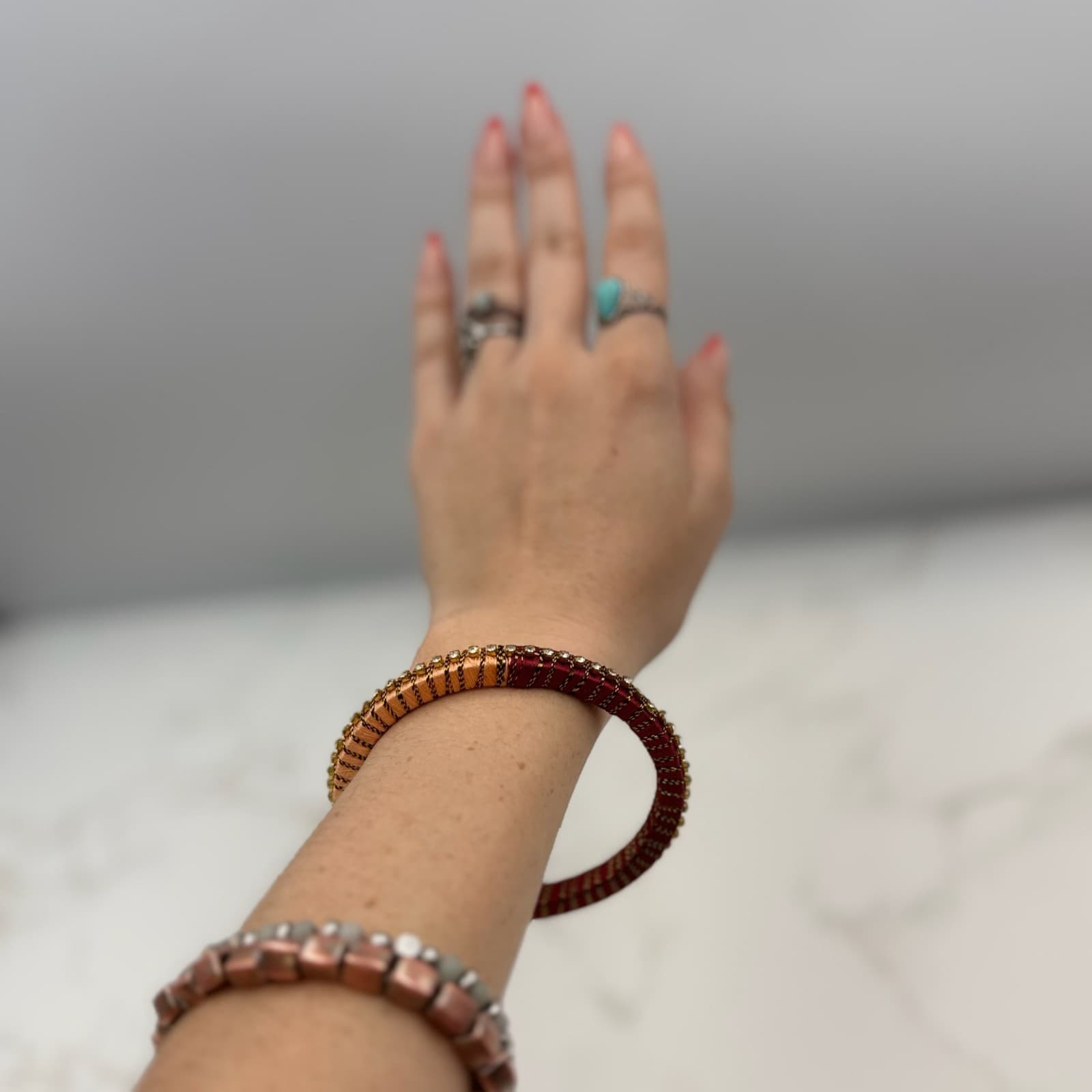 Vintage VTG Handcrafted Women’s Maroon Peach Rhinestones Thread Wrapped Bangle - Thumbnail 6