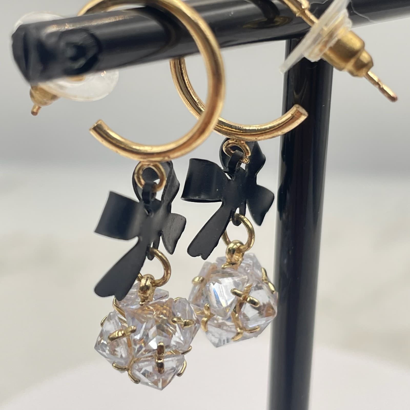 Vintage VTG Gold Tone Hoop Earrings Black Bow Clear CZ Crystal Ball Dangle Glam - Thumbnail 11