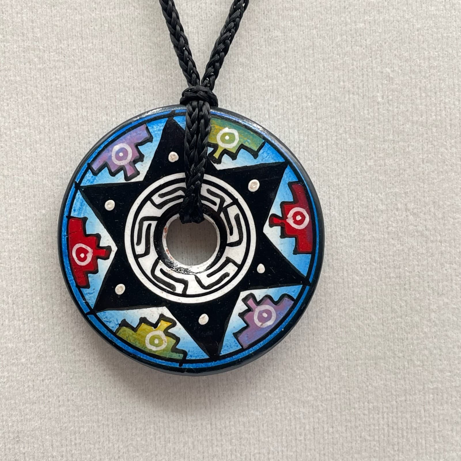 Vintage Man Maze Polymer Clay Pendant Necklace Southwest Tribal Beaded Art - Thumbnail 3