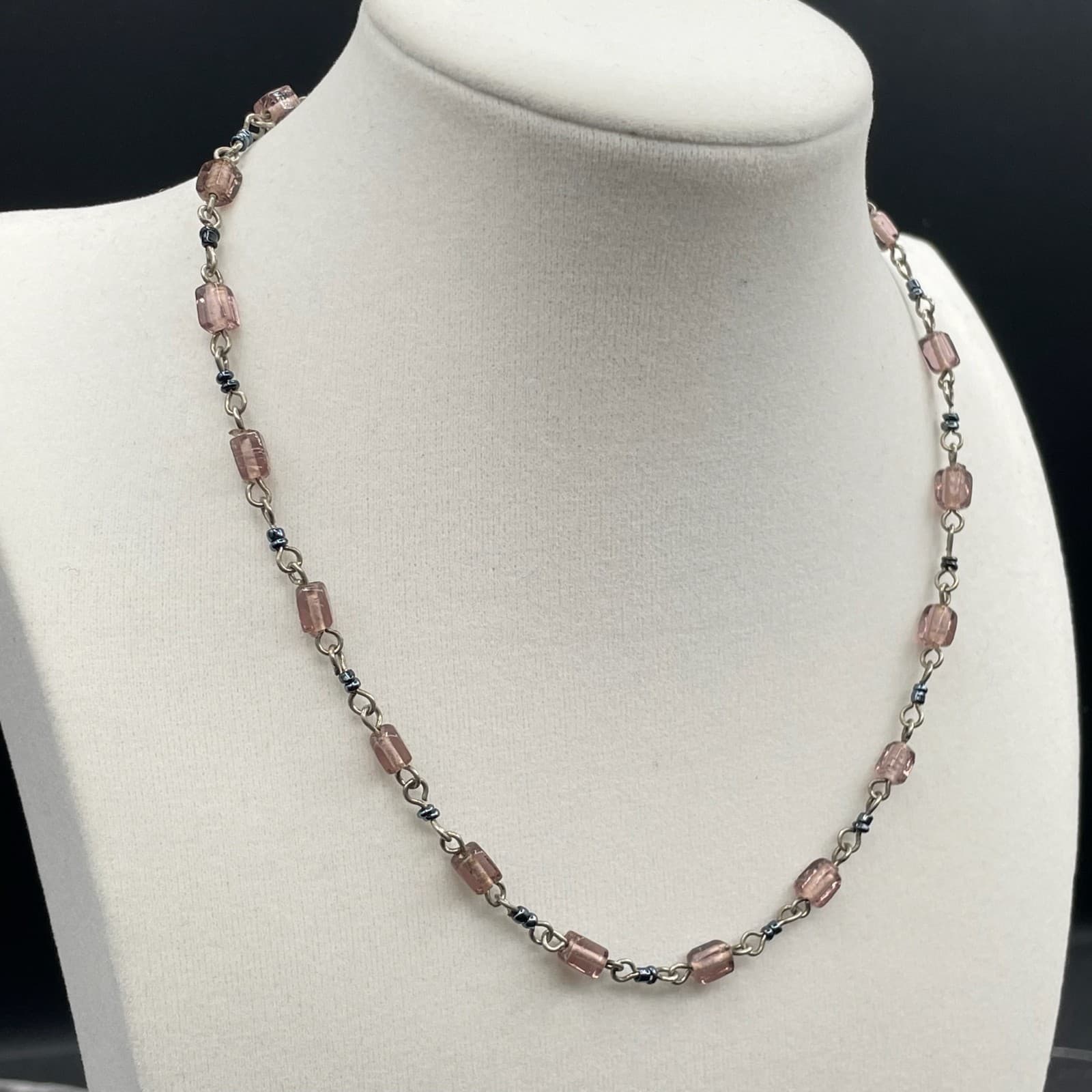 Vintage Pink Glass Bead Station Necklace Silver Tone Chain Toggle Extender 16" - Thumbnail 4
