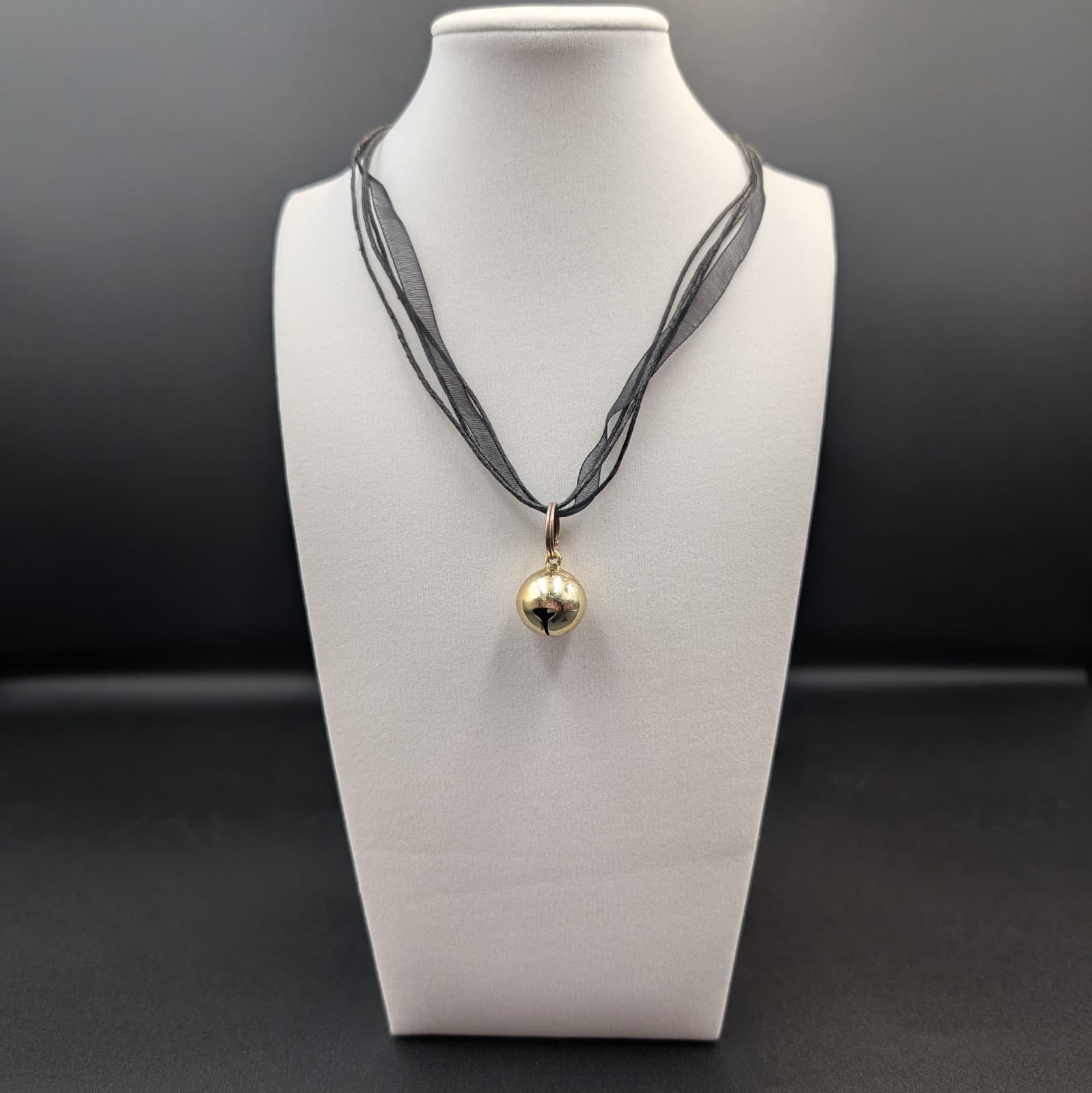 Vintage Black Ribbon Choker Necklace w/ Gold Jingle Bell Pendant Y2K Holiday - Image 1