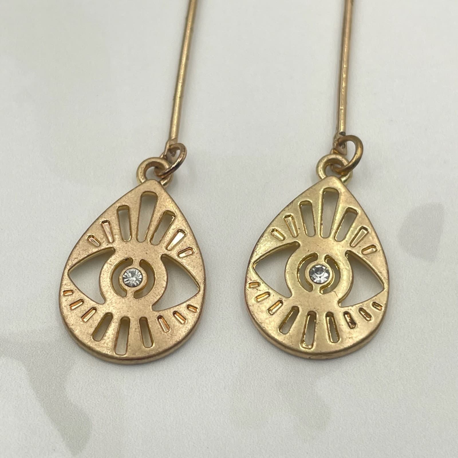 Vintage VTG Gold Tone Dangle Earrings Clear Stone Evil Eye Teardrop Stud Modern - Thumbnail 11