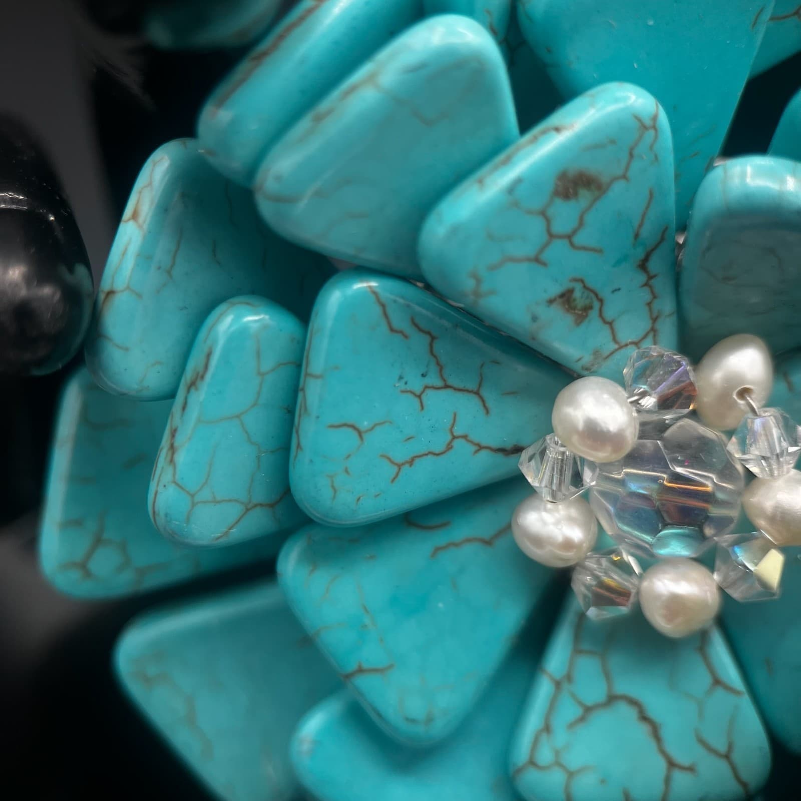 Vintage AeraVida Style Turquoise & Pearl Flower Brooch Pin Exotic Chic - Thumbnail 5