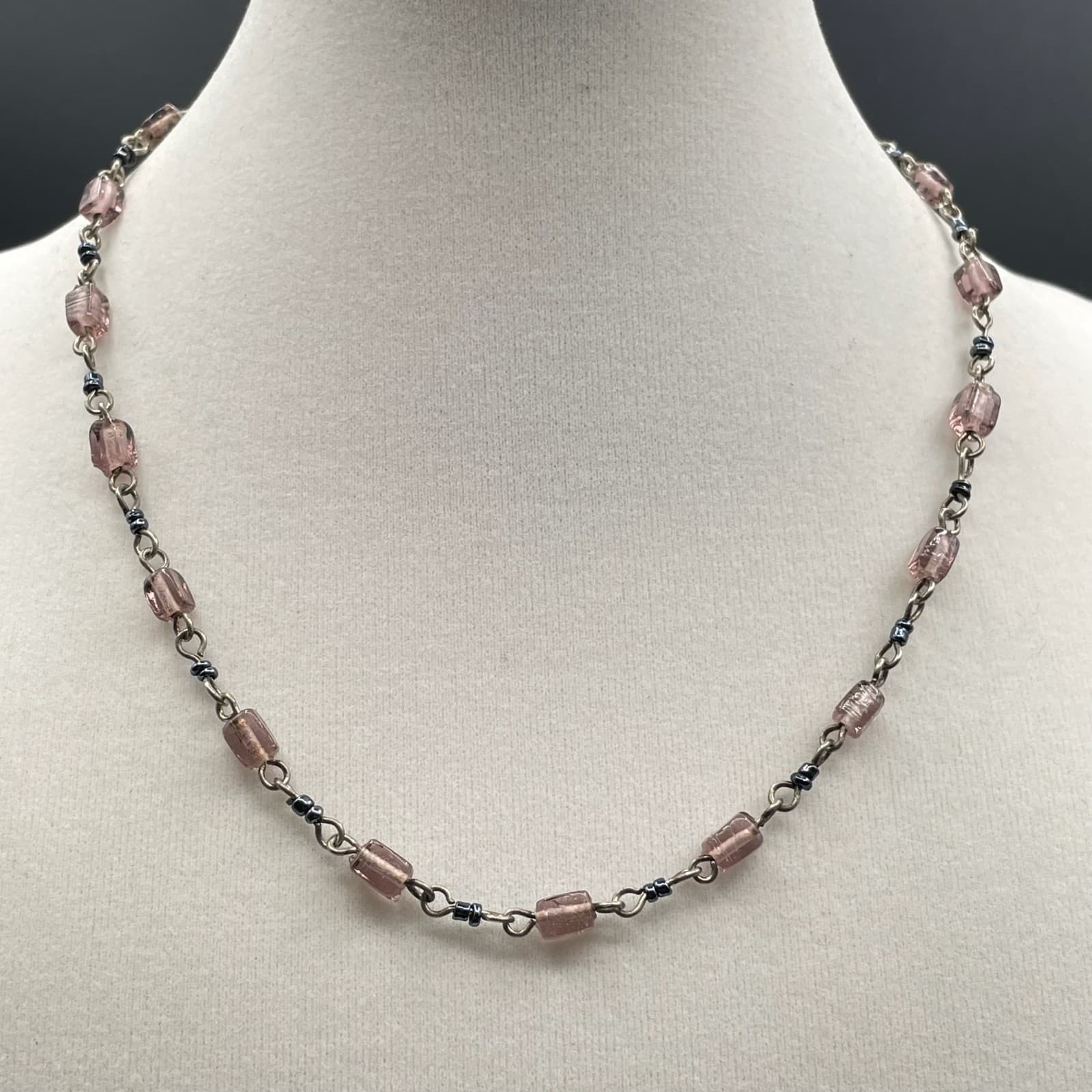 Vintage Pink Glass Bead Station Necklace Silver Tone Chain Toggle Extender 16" - Image 1