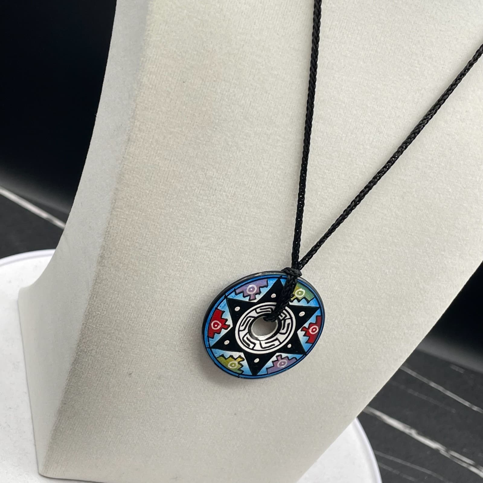 Vintage Man Maze Polymer Clay Pendant Necklace Southwest Tribal Beaded Art - Thumbnail 6