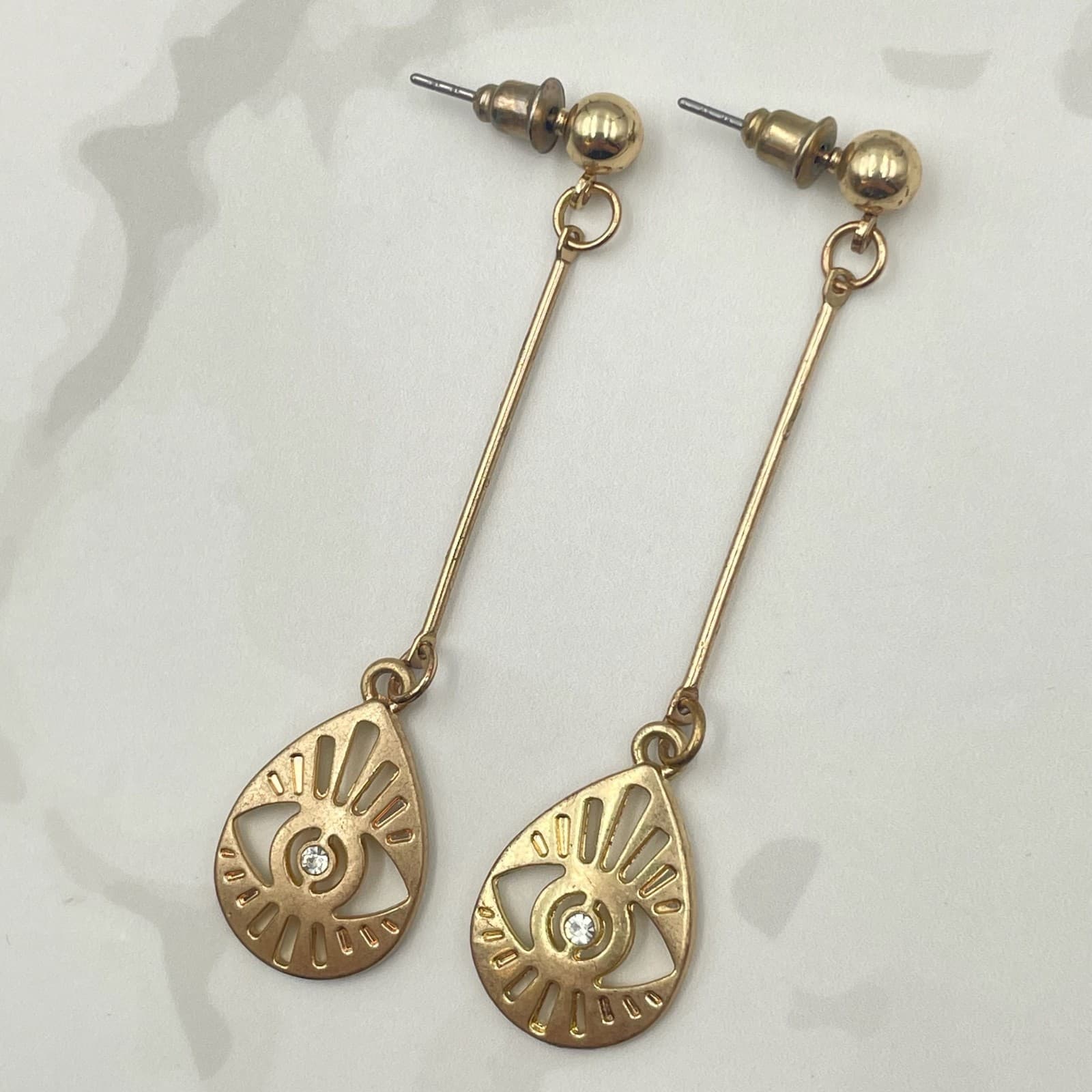Vintage VTG Gold Tone Dangle Earrings Clear Stone Evil Eye Teardrop Stud Modern - Thumbnail 12