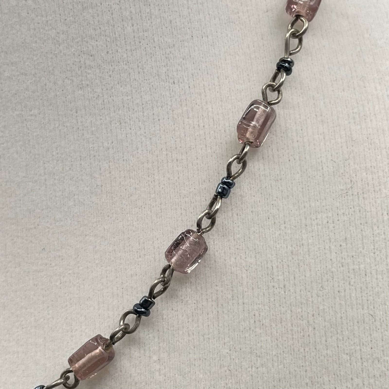 Vintage Pink Glass Bead Station Necklace Silver Tone Chain Toggle Extender 16" - Thumbnail 5