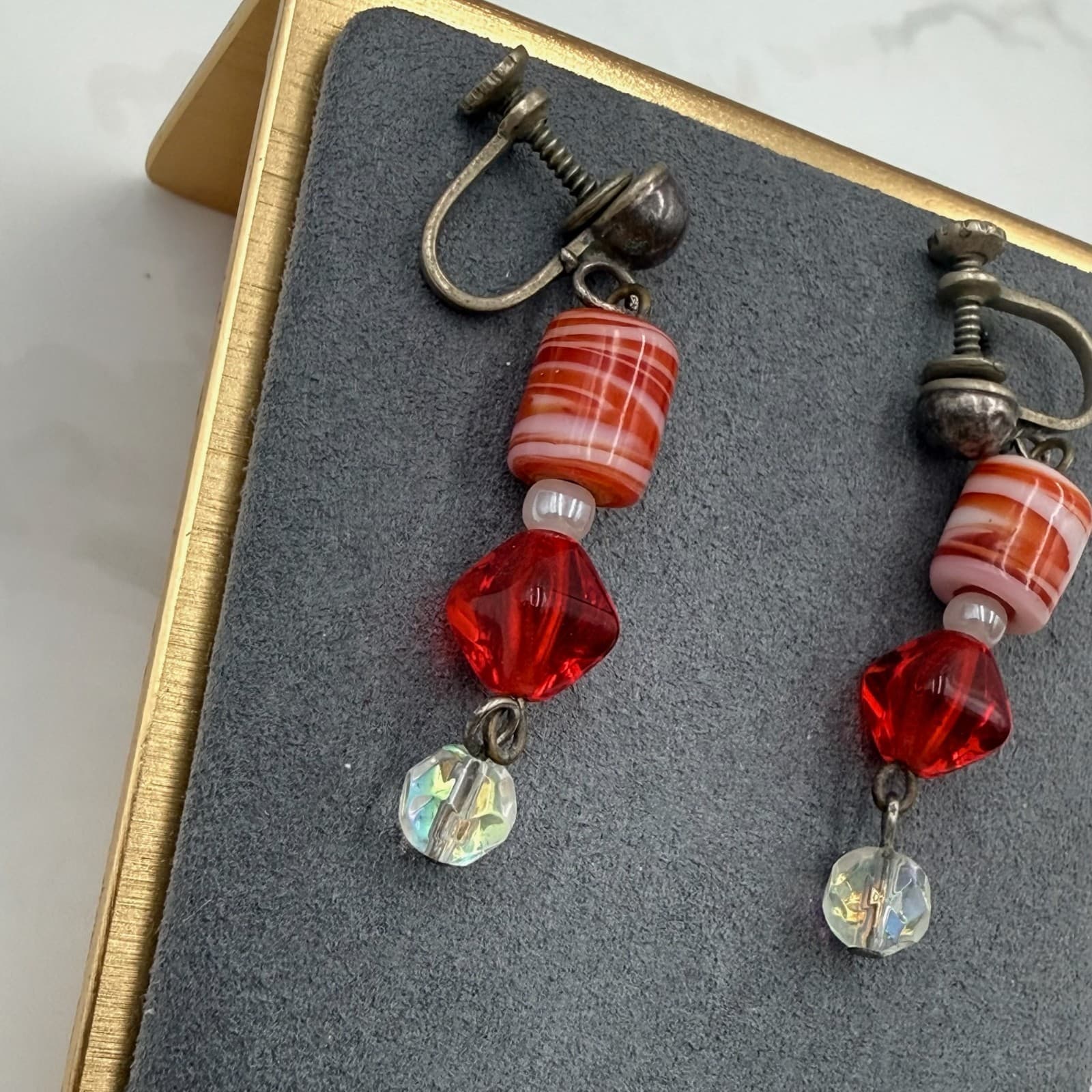 Vintage Red White Striped Blown Glass Clear Crystal Beaded Dangle Earrings - Thumbnail 4