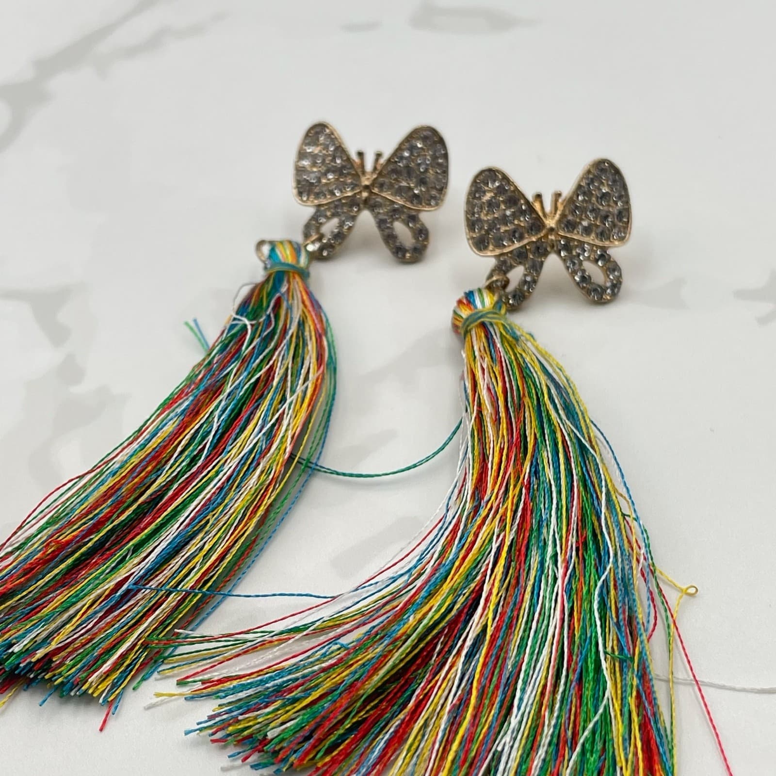 Vintage VTG Tassel Earrings Rhinestone Butterfly Gold Tone MultiColor Thread - Thumbnail 3