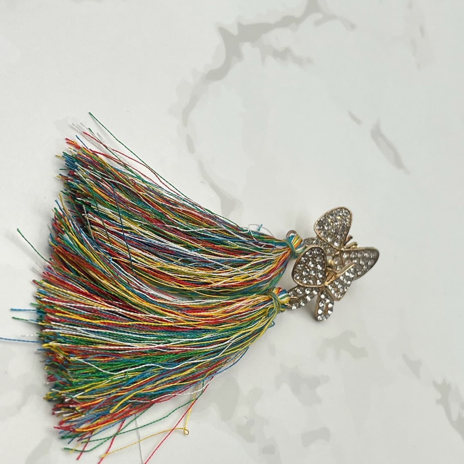 Vintage VTG Tassel Earrings Rhinestone Butterfly Gold Tone MultiColor Thread - Thumbnail 6