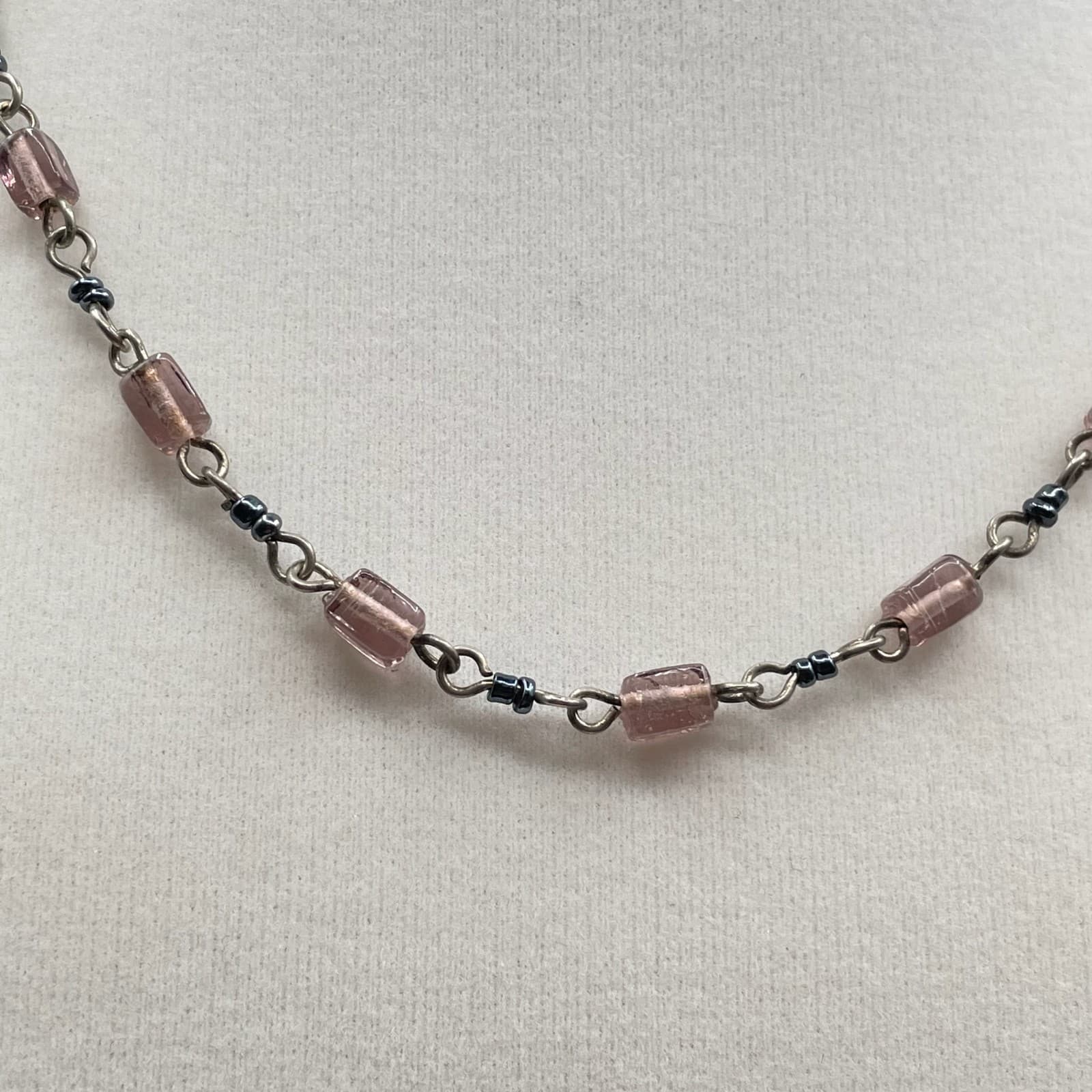 Vintage Pink Glass Bead Station Necklace Silver Tone Chain Toggle Extender 16" - Thumbnail 3