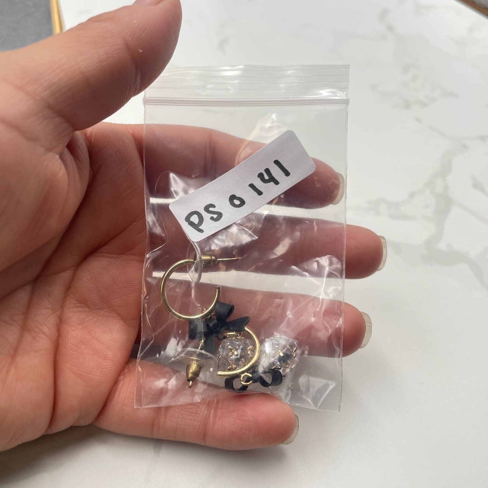 Vintage VTG Gold Tone Hoop Earrings Black Bow Clear CZ Crystal Ball Dangle Glam - Thumbnail 13