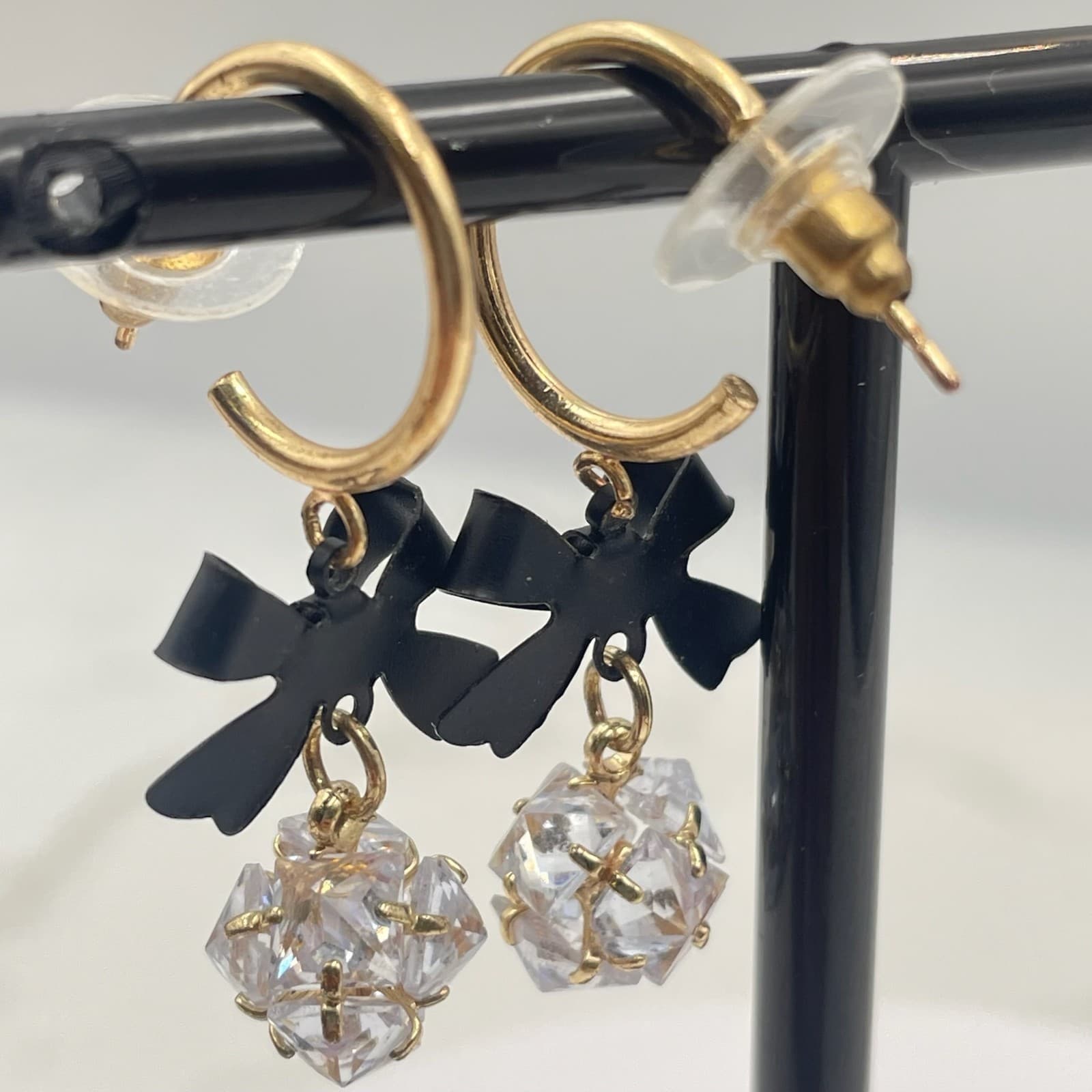 Vintage VTG Gold Tone Hoop Earrings Black Bow Clear CZ Crystal Ball Dangle Glam - Thumbnail 12