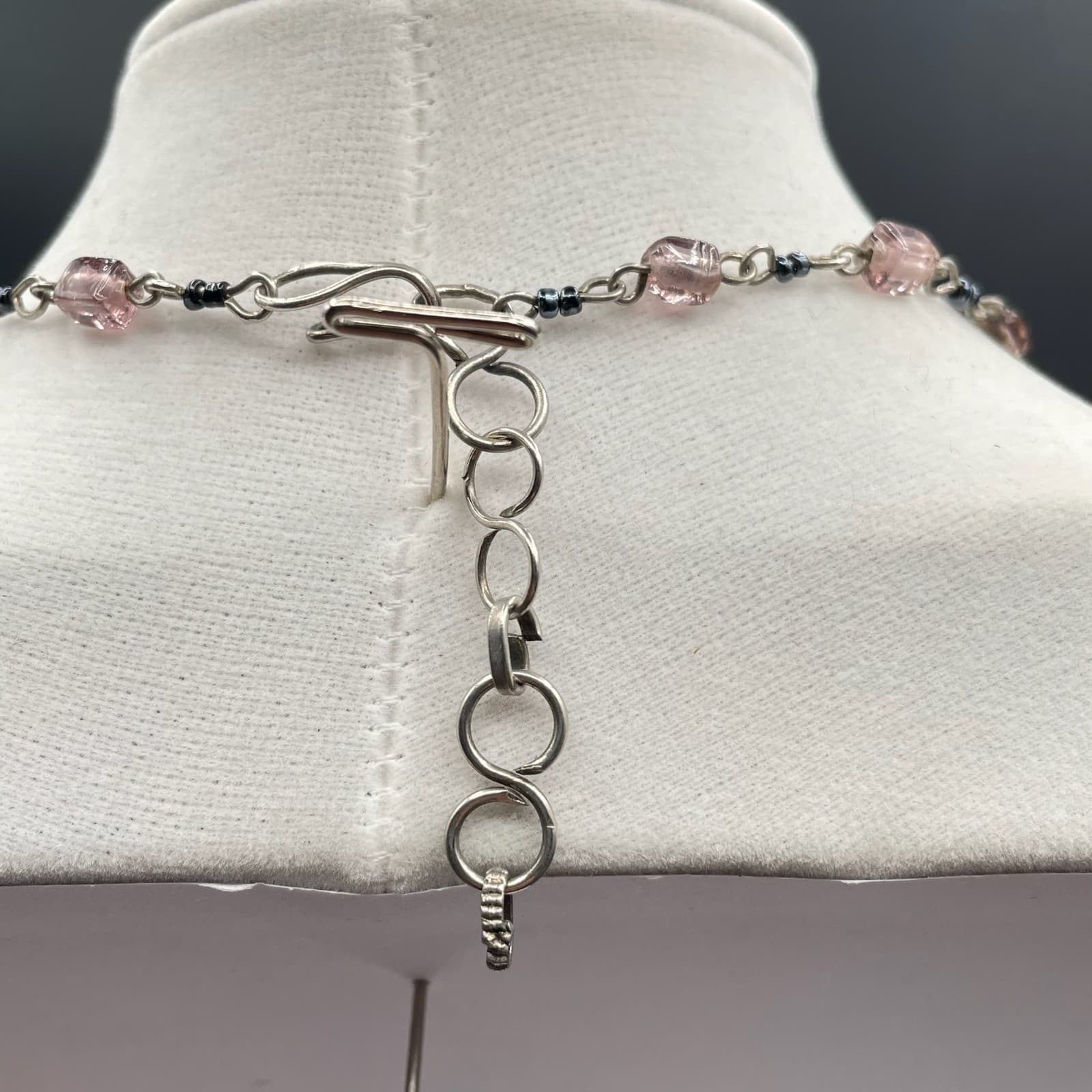 Vintage Pink Glass Bead Station Necklace Silver Tone Chain Toggle Extender 16" - Thumbnail 7
