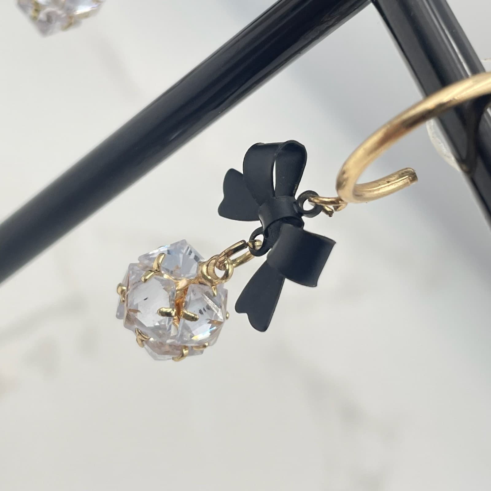 Vintage VTG Gold Tone Hoop Earrings Black Bow Clear CZ Crystal Ball Dangle Glam - Thumbnail 5