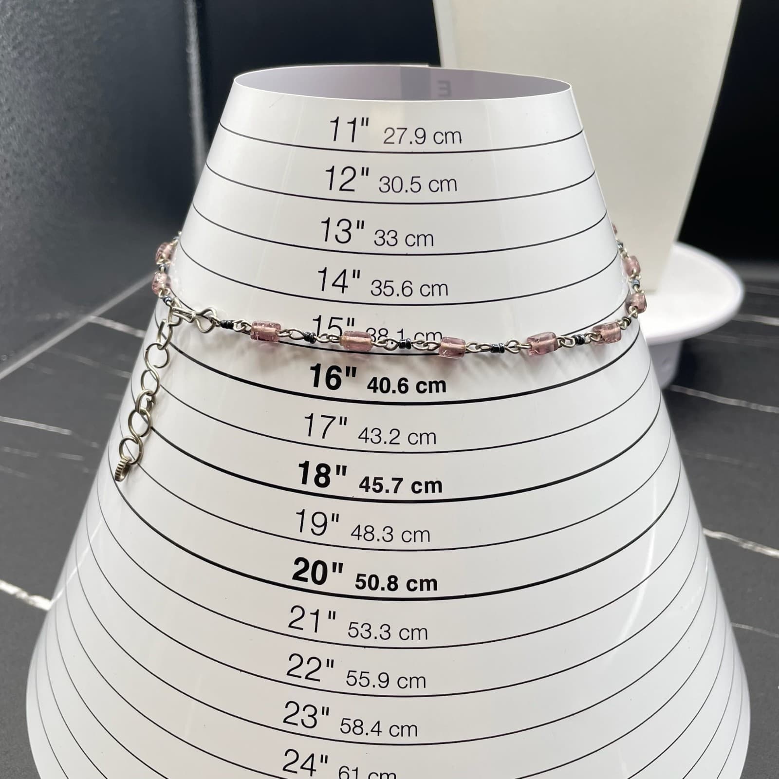 Vintage Pink Glass Bead Station Necklace Silver Tone Chain Toggle Extender 16" - Thumbnail 2