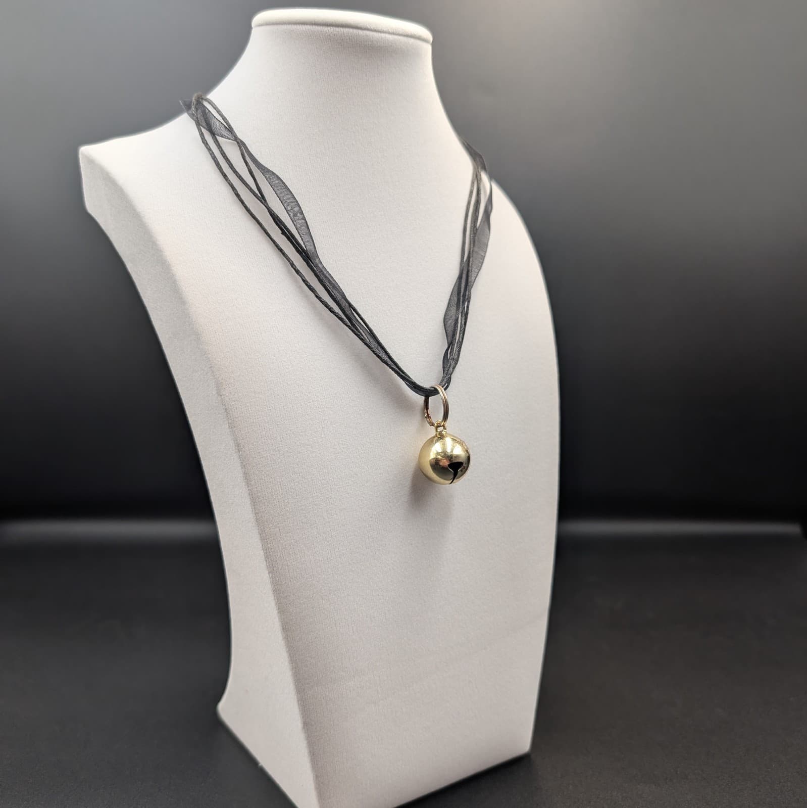 Vintage Black Ribbon Choker Necklace w/ Gold Jingle Bell Pendant Y2K Holiday - Thumbnail 2