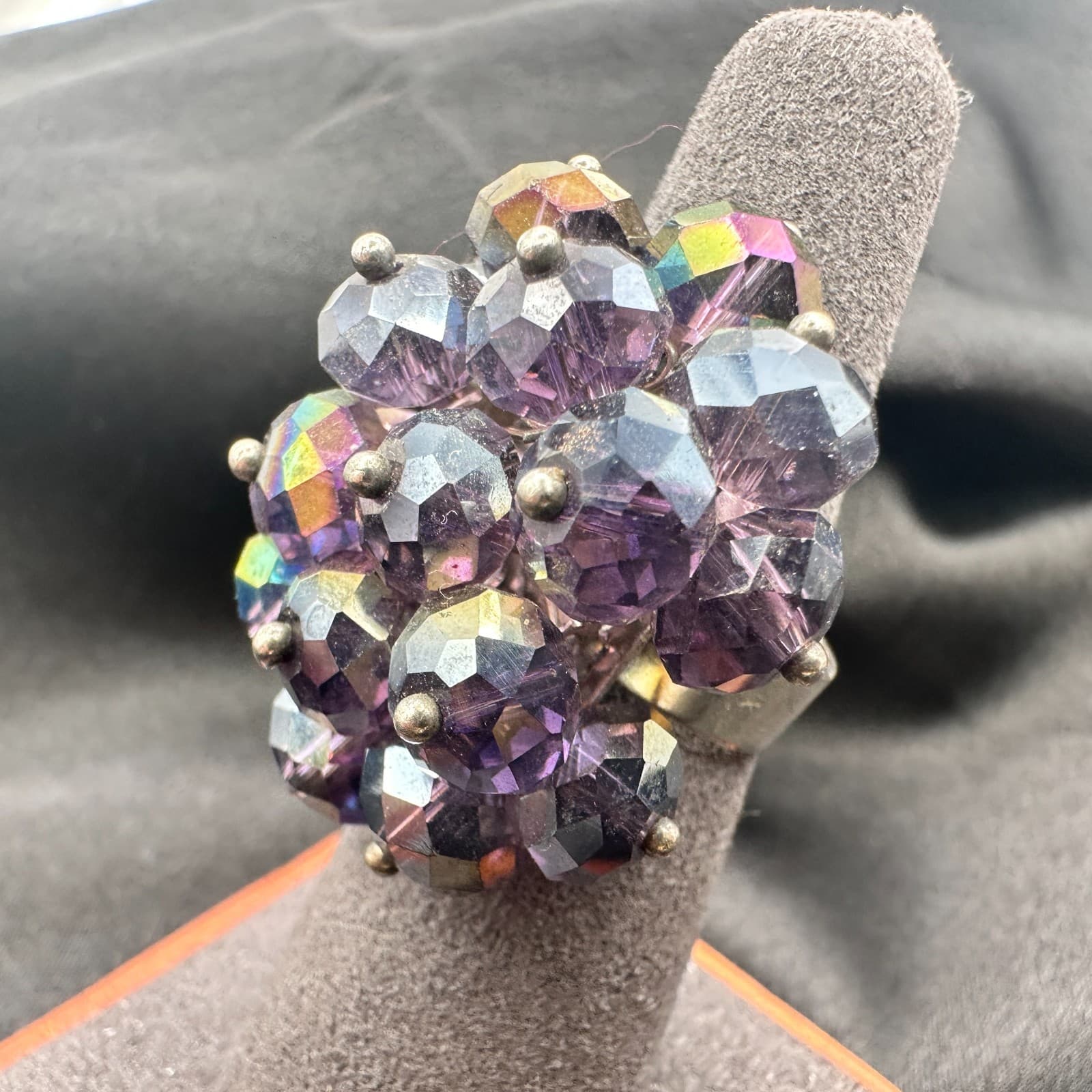 Vintage Y2K Silver Tone Smoky Purple Iridescent Beaded Ring Women's Jewelry - Thumbnail 6