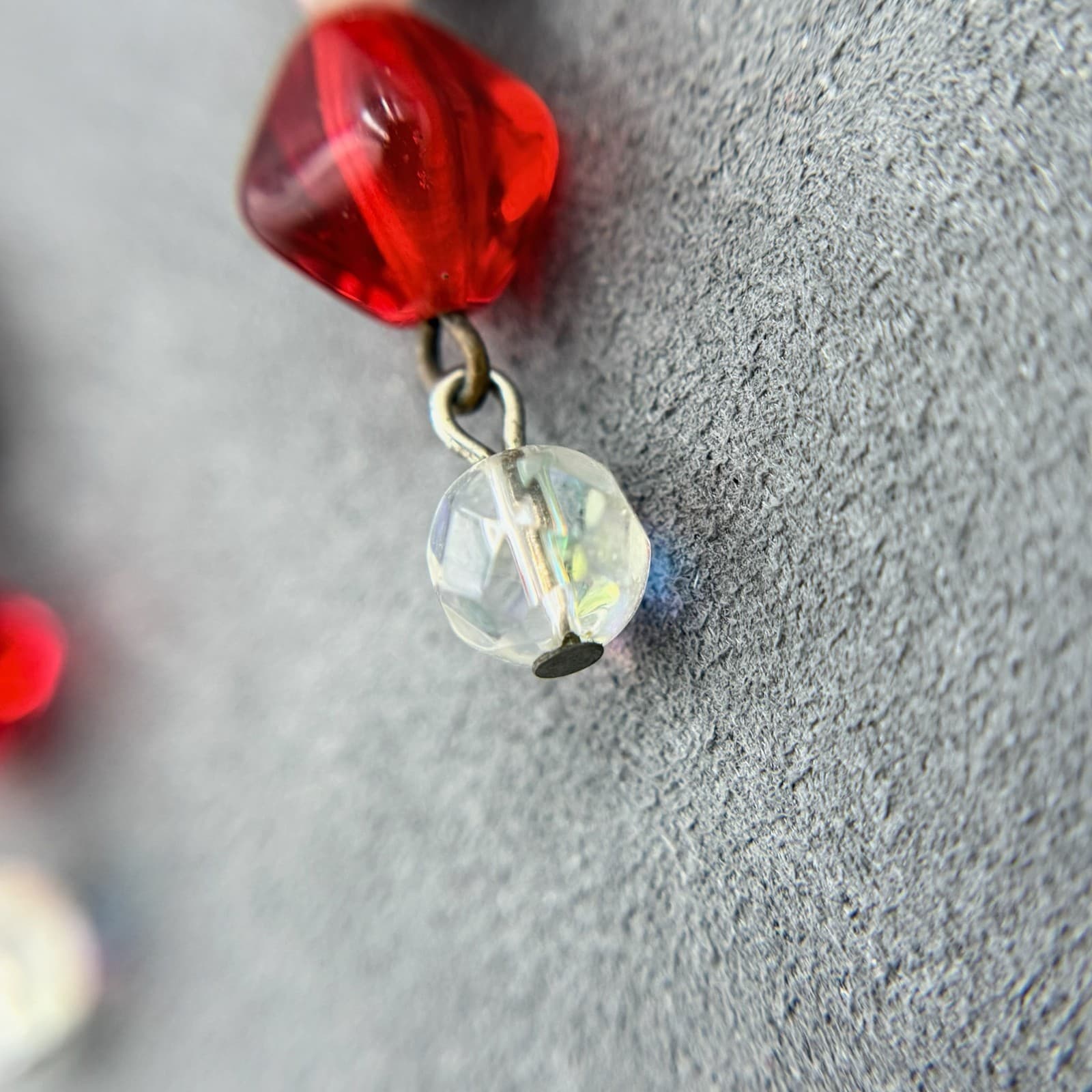 Vintage Red White Striped Blown Glass Clear Crystal Beaded Dangle Earrings - Thumbnail 5