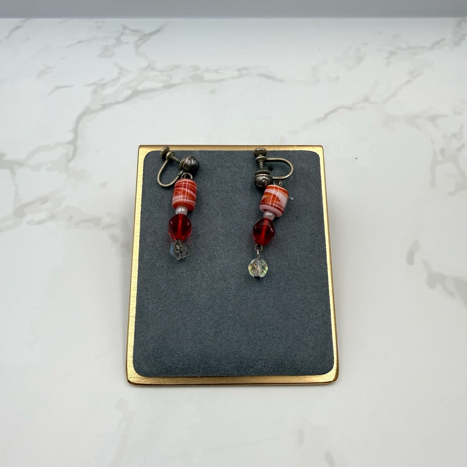 Vintage Red White Striped Blown Glass Clear Crystal Beaded Dangle Earrings - Thumbnail 2