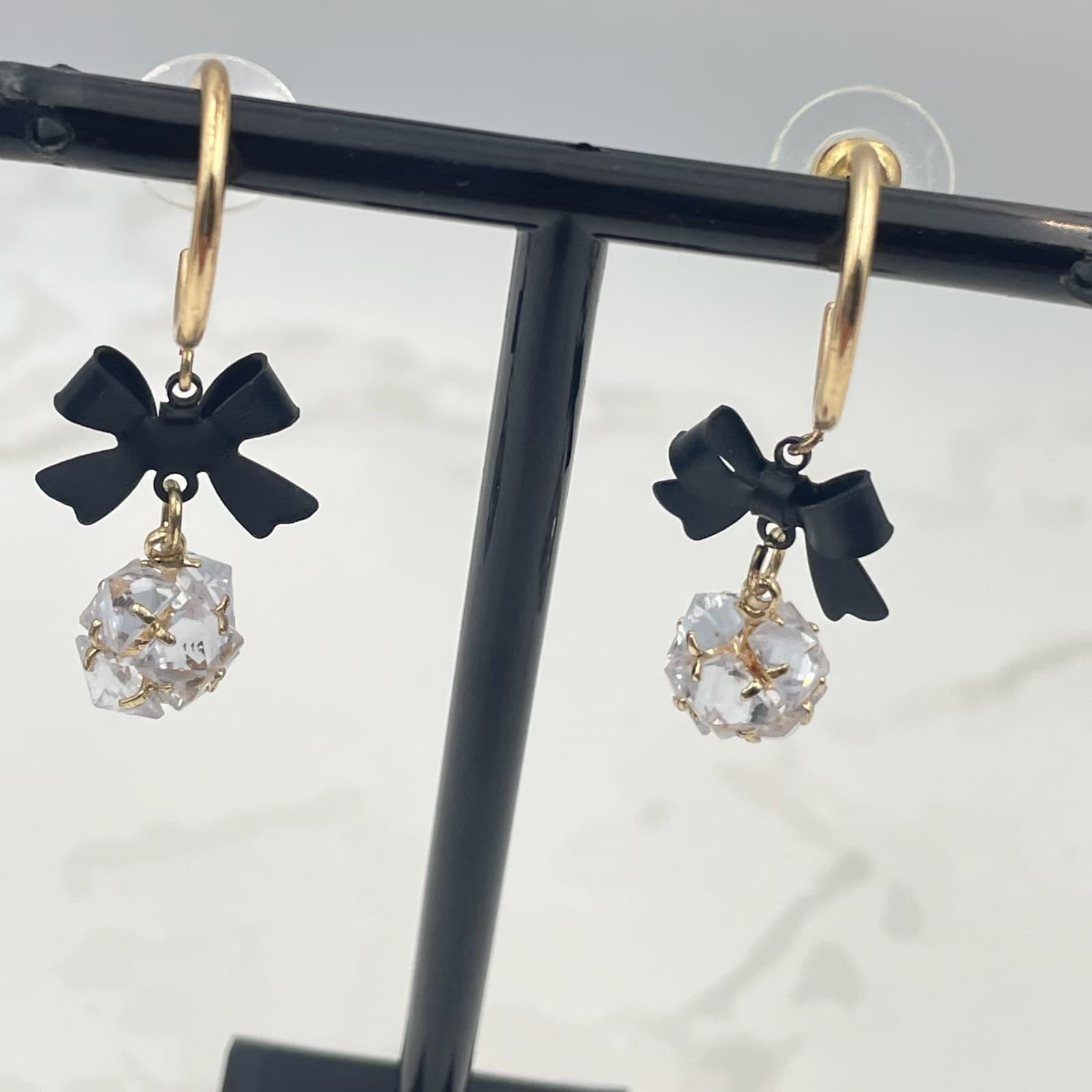 Vintage VTG Gold Tone Hoop Earrings Black Bow Clear CZ Crystal Ball Dangle Glam - Thumbnail 3