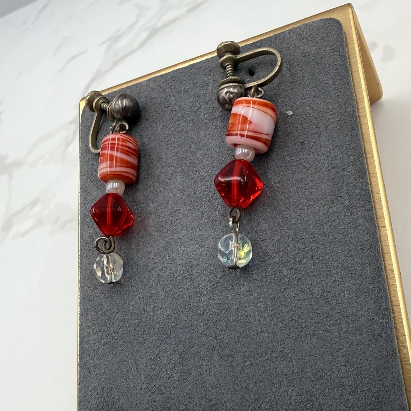 Vintage Red White Striped Blown Glass Clear Crystal Beaded Dangle Earrings - Thumbnail 3