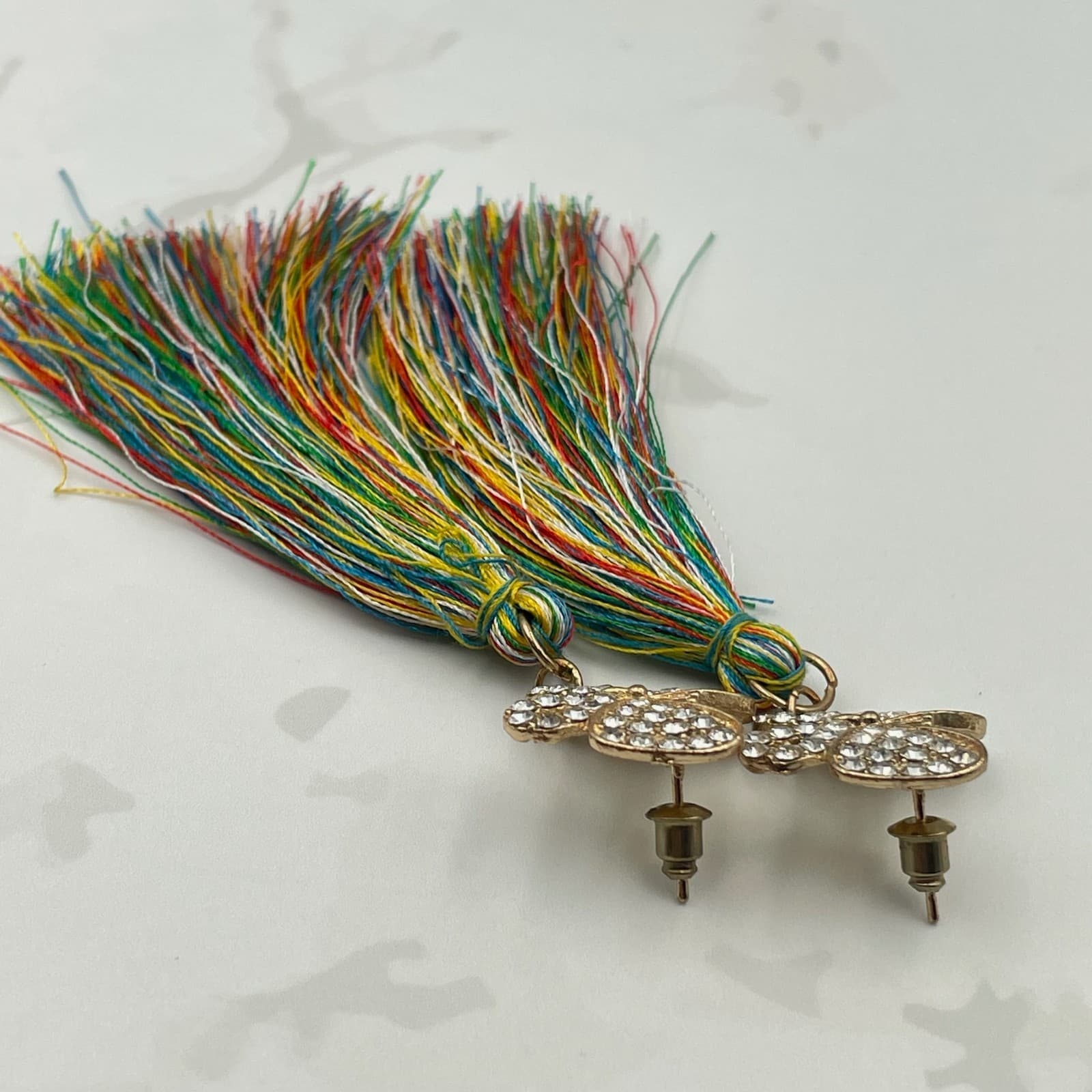 Vintage VTG Tassel Earrings Rhinestone Butterfly Gold Tone MultiColor Thread - Thumbnail 7