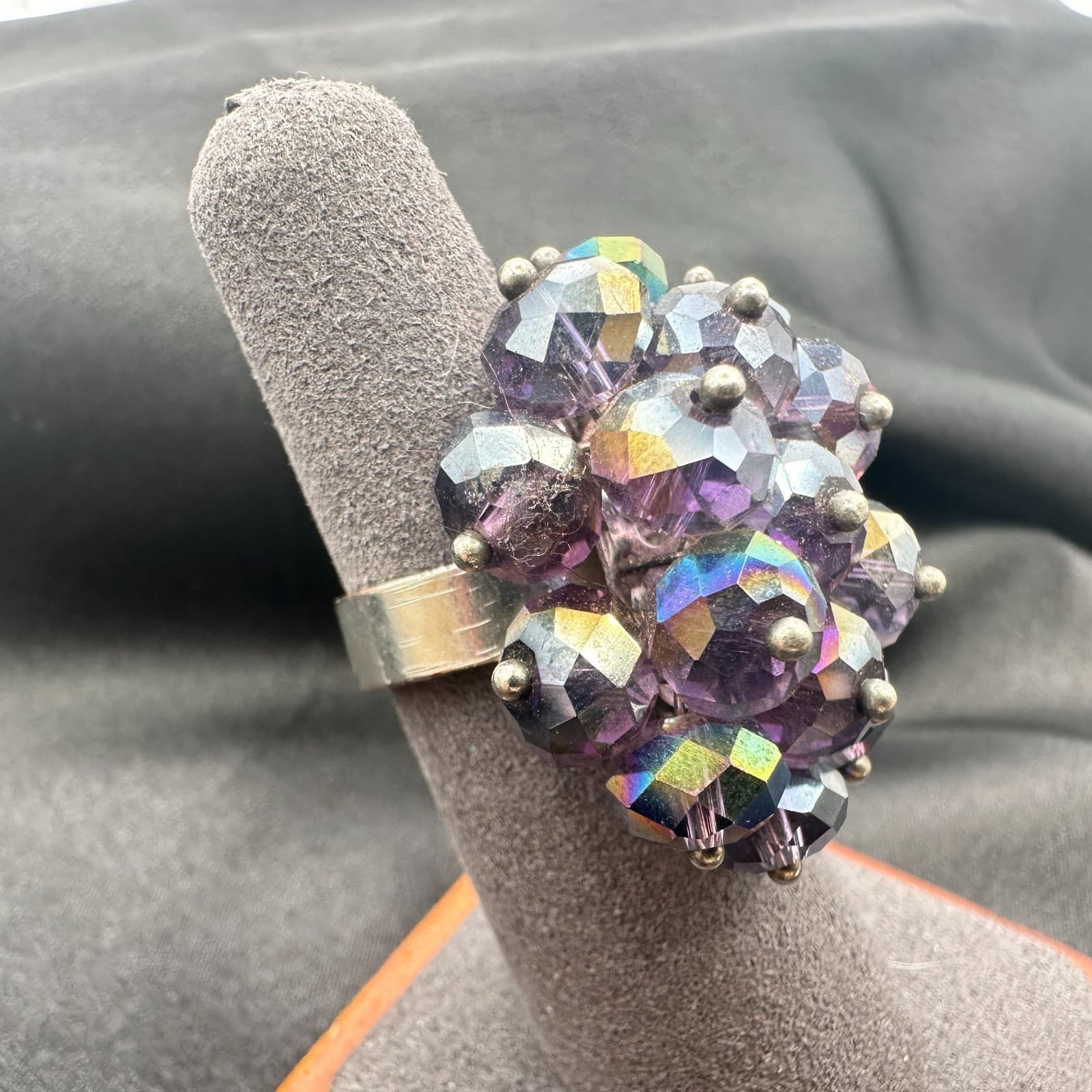 Vintage Y2K Silver Tone Smoky Purple Iridescent Beaded Ring Women's Jewelry - Thumbnail 7
