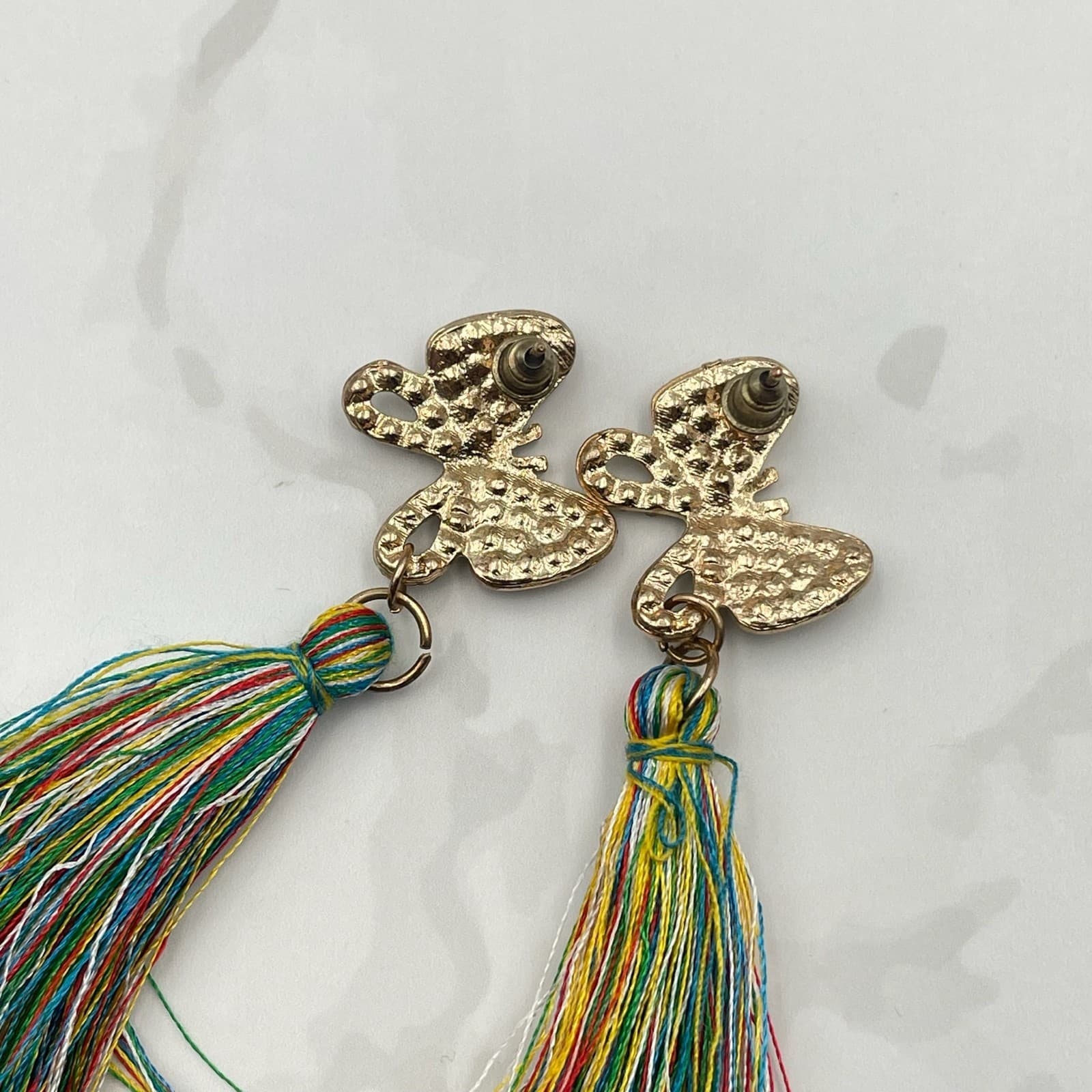 Vintage VTG Tassel Earrings Rhinestone Butterfly Gold Tone MultiColor Thread - Thumbnail 9