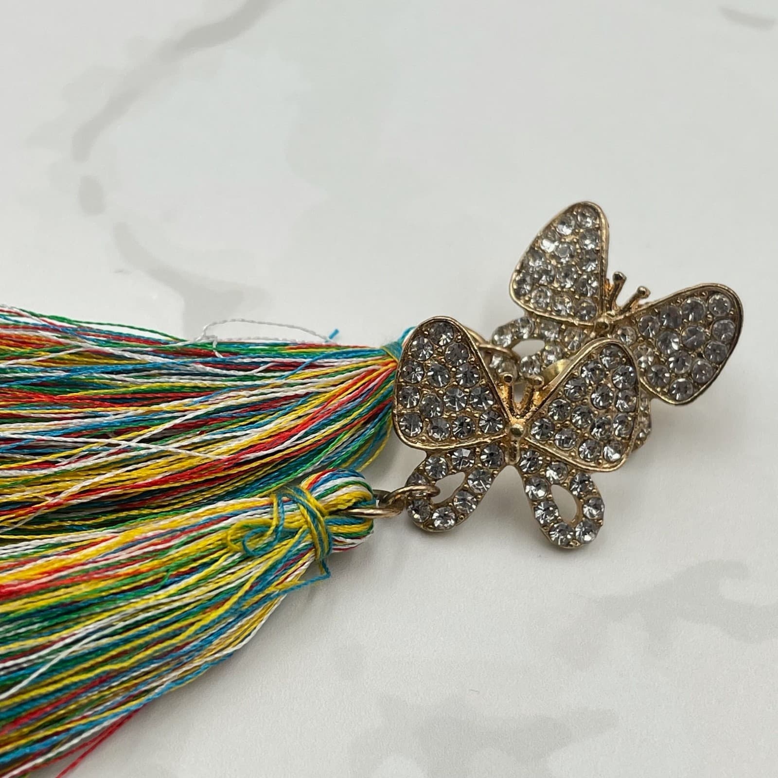 Vintage VTG Tassel Earrings Rhinestone Butterfly Gold Tone MultiColor Thread - Thumbnail 5