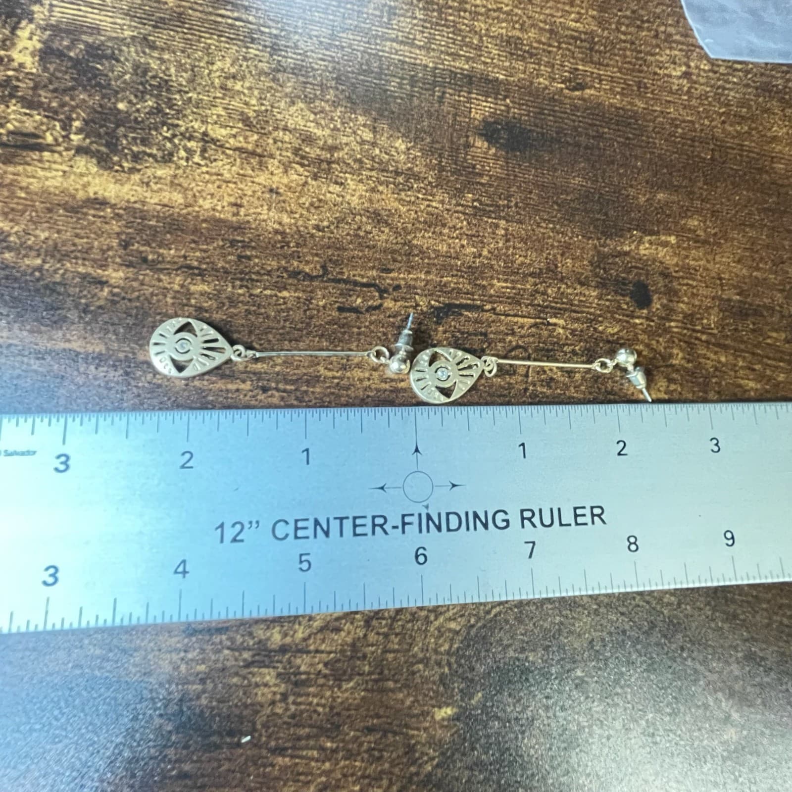 Vintage VTG Gold Tone Dangle Earrings Clear Stone Evil Eye Teardrop Stud Modern - Thumbnail 2